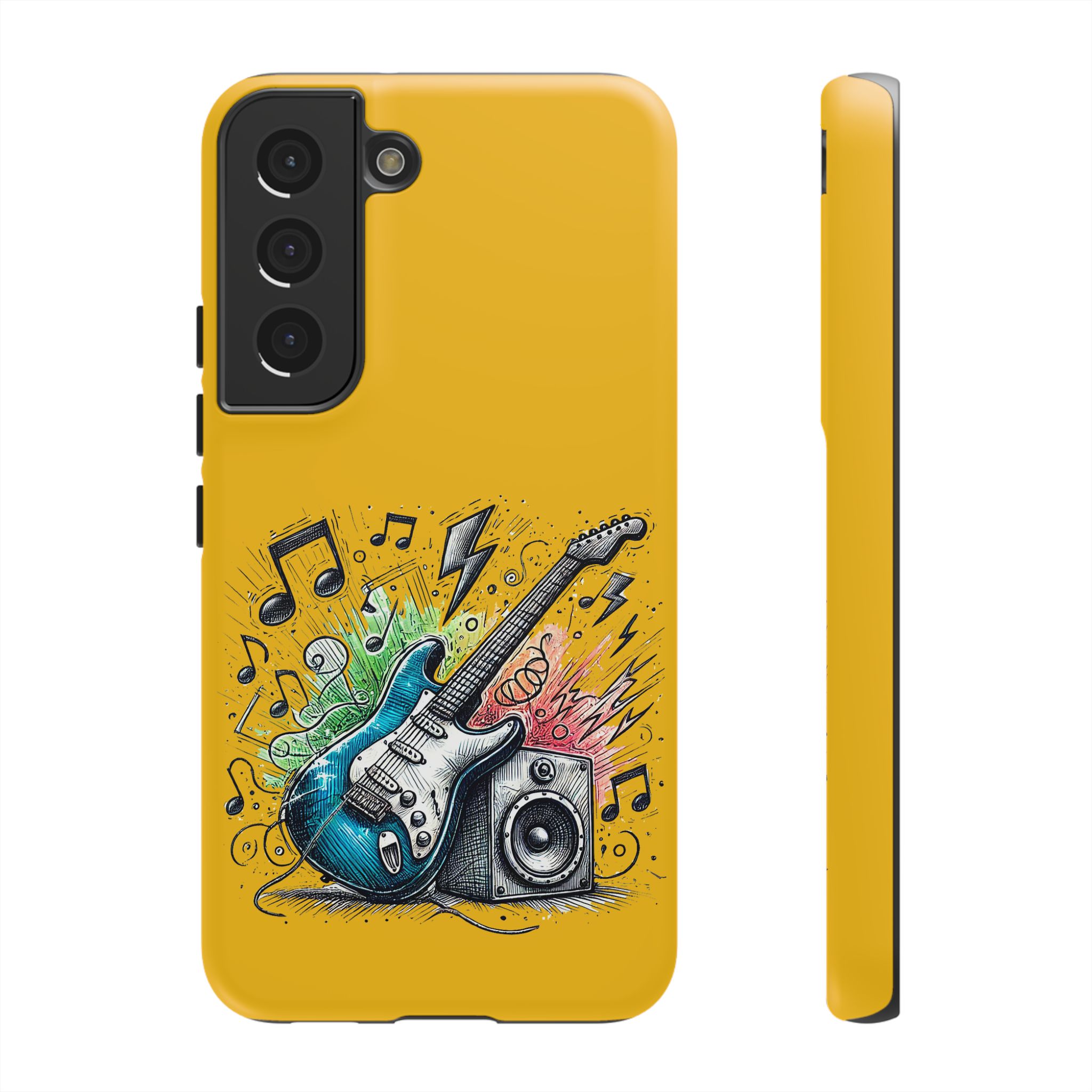 Yellow phone case featuring a blue electric guitar and sound elements like music notes and a speaker.