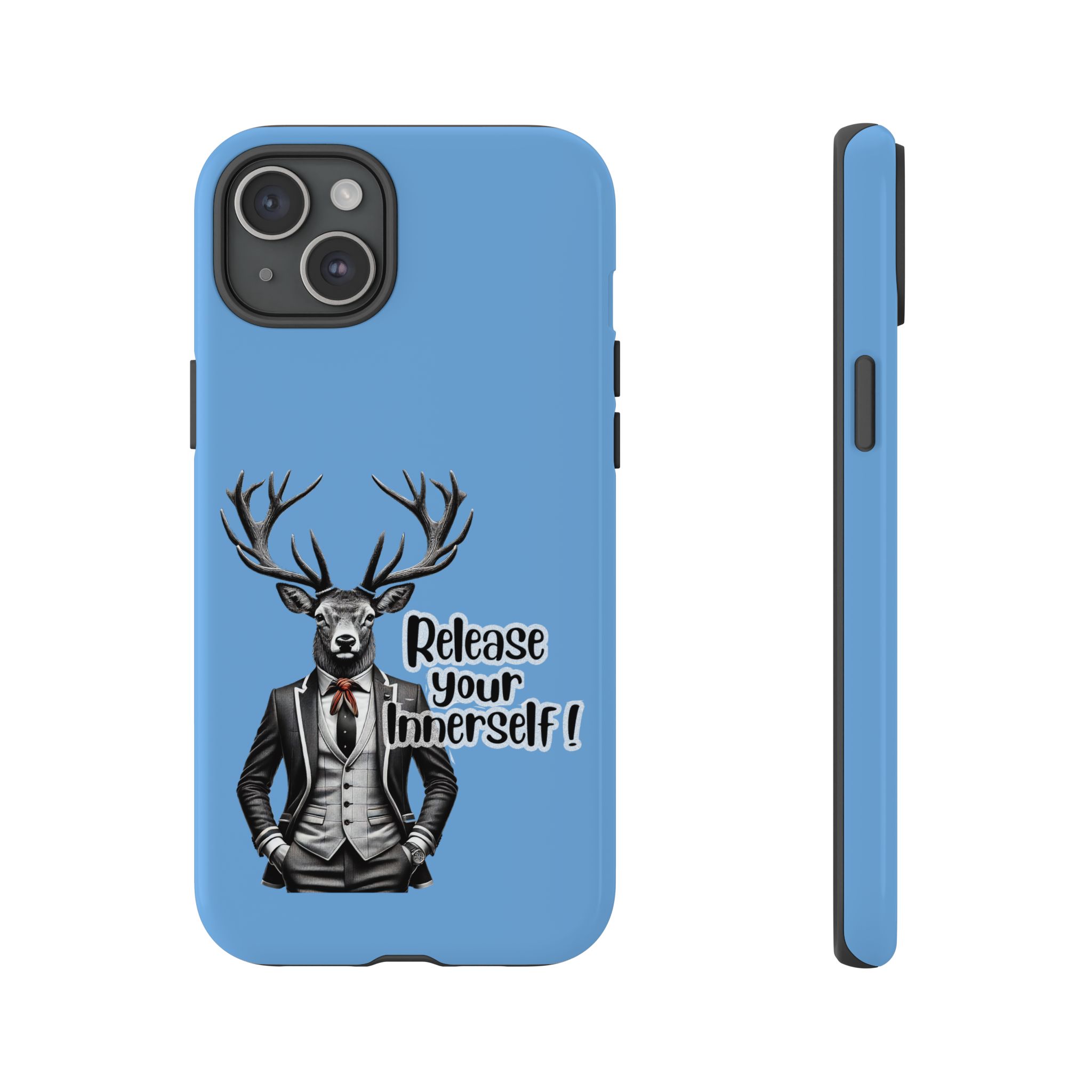 Blue phone case featuring a deer in a suit with the text 'Release your Innerself!'