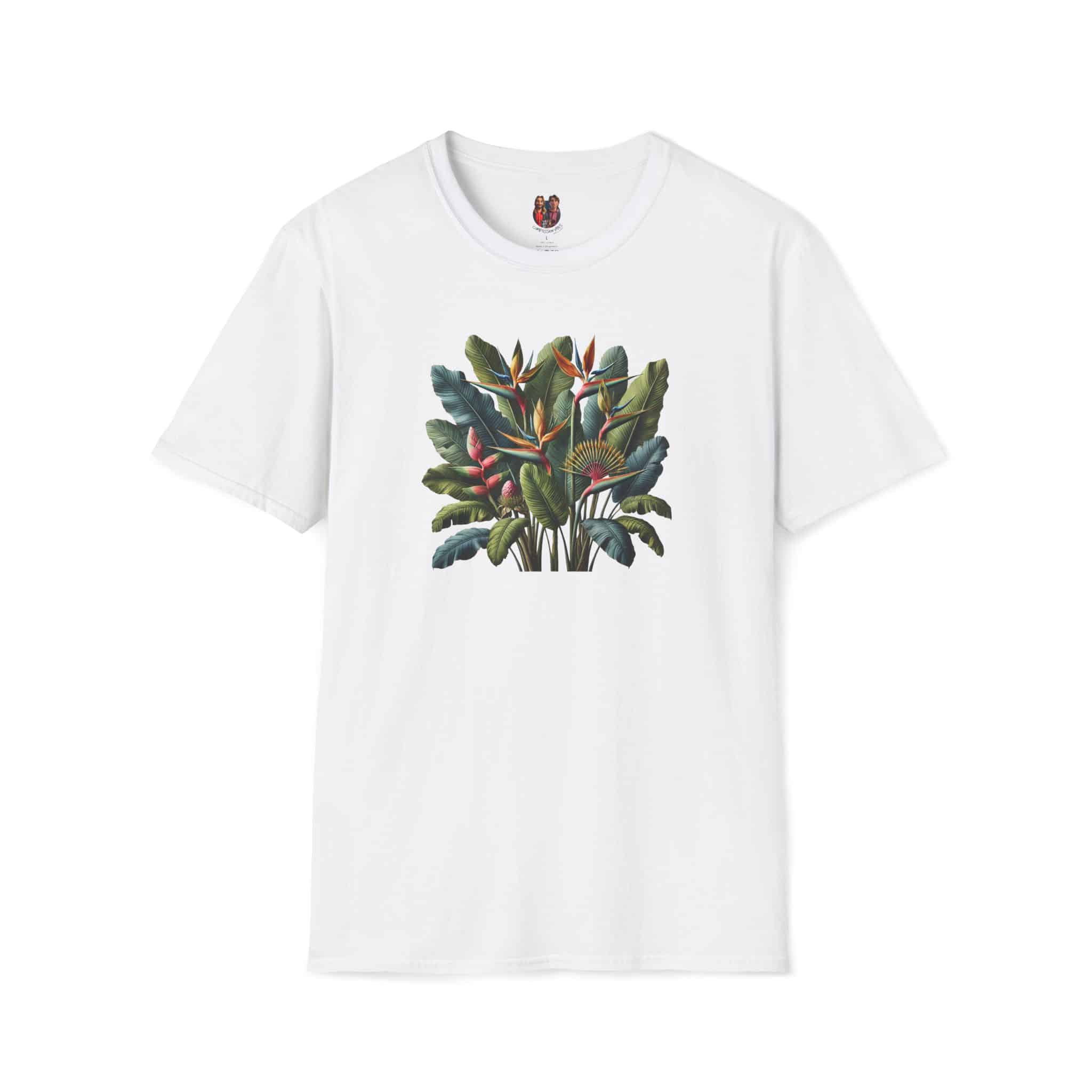 White t-shirt featuring a colorful tropical plant graphic on the front.