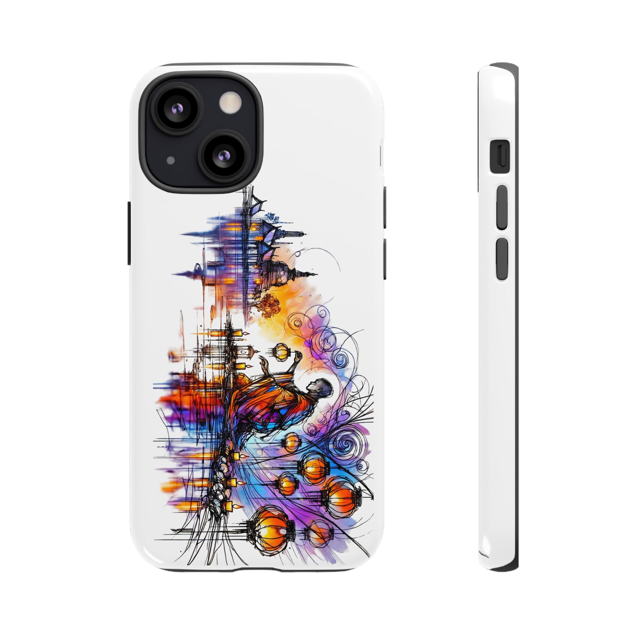 Colorful artistic illustration on a phone case featuring a figure with orbs and abstract elements.