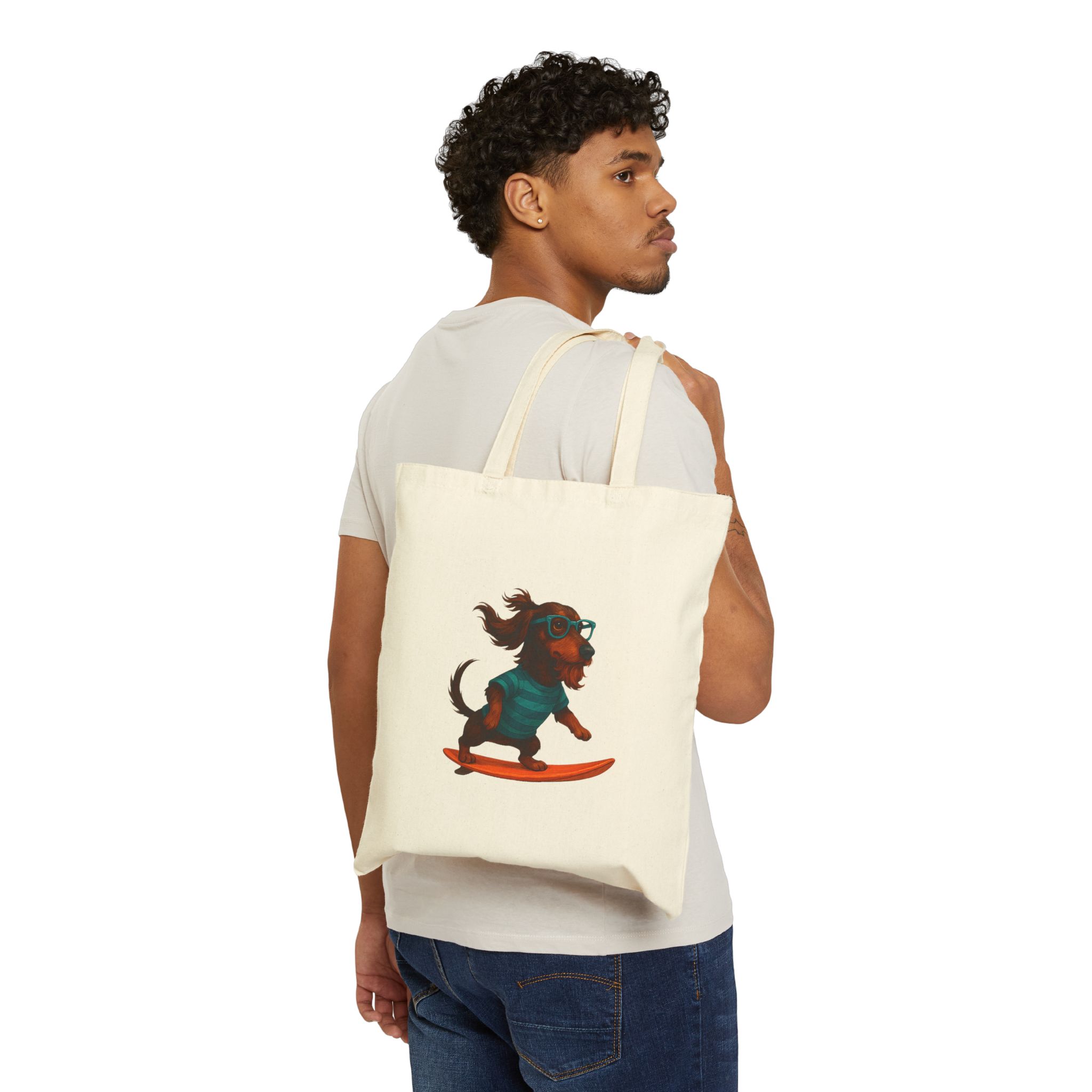 Cool canvas tote bag Dog Surfer tote bag dachshund lover gift shoulder bag surf handbag - Image 2