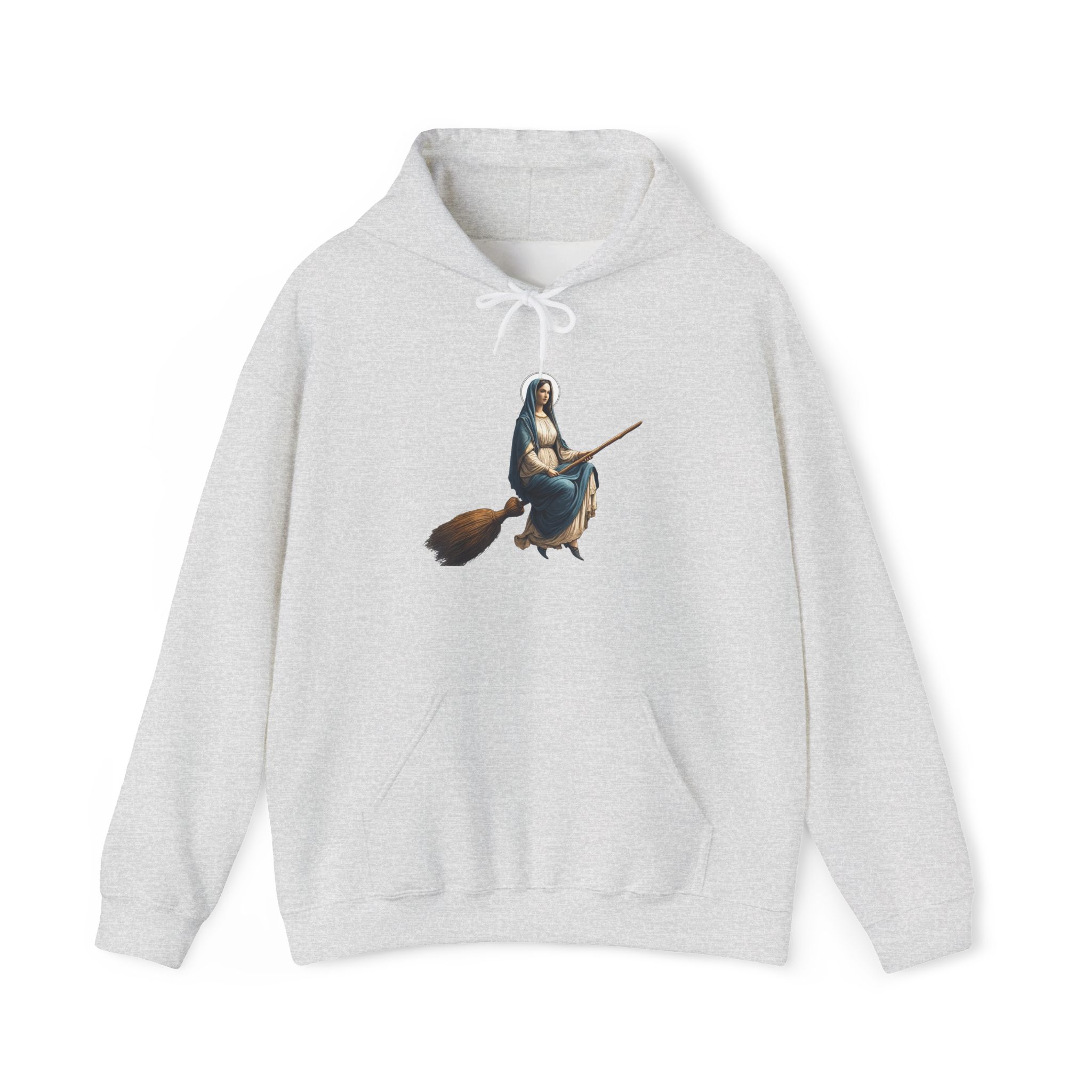 Gray hoodie featuring a graphic of a witch flying on a broomstick.