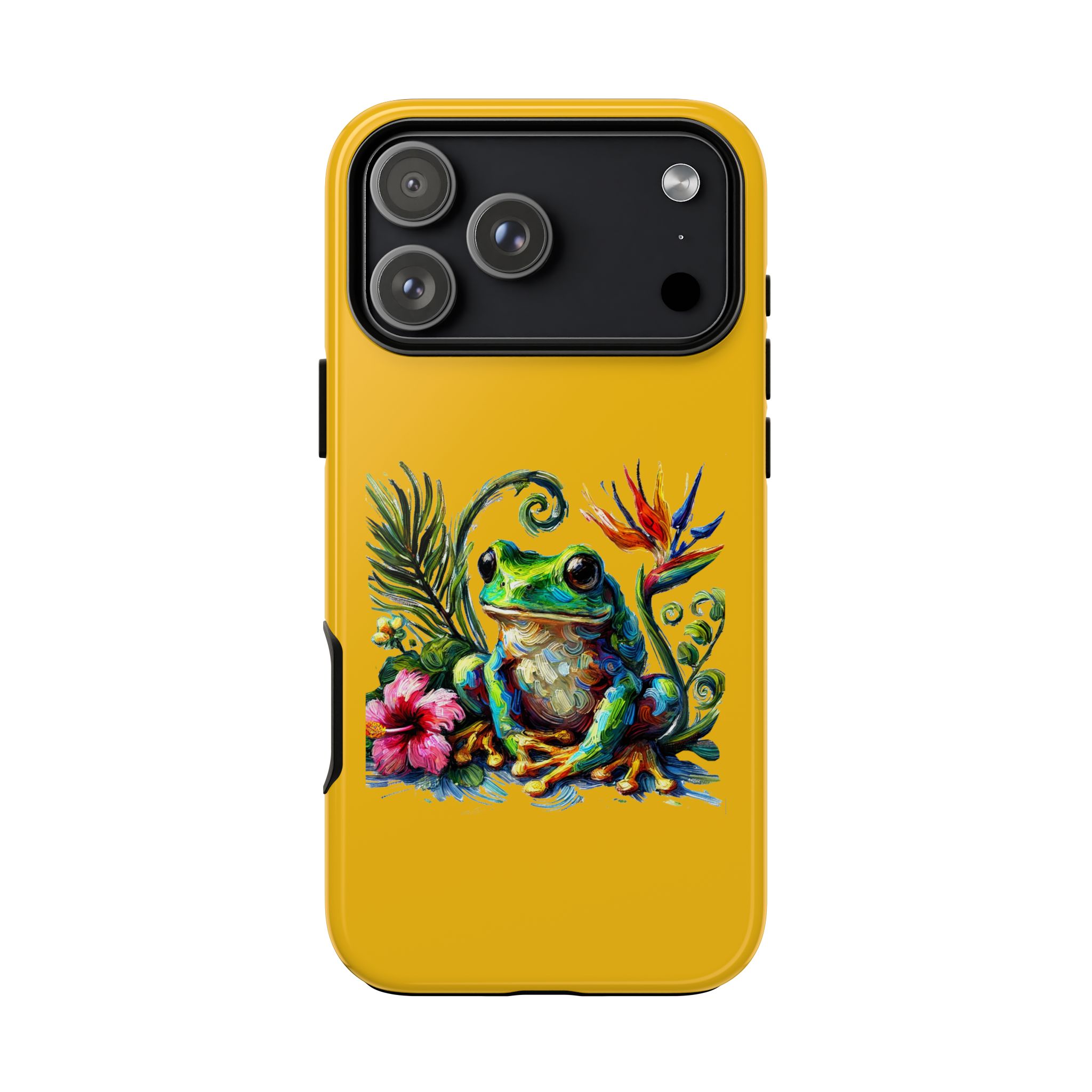 Yellow phone case featuring a colorful frog surrounded by flowers and tropical plants.