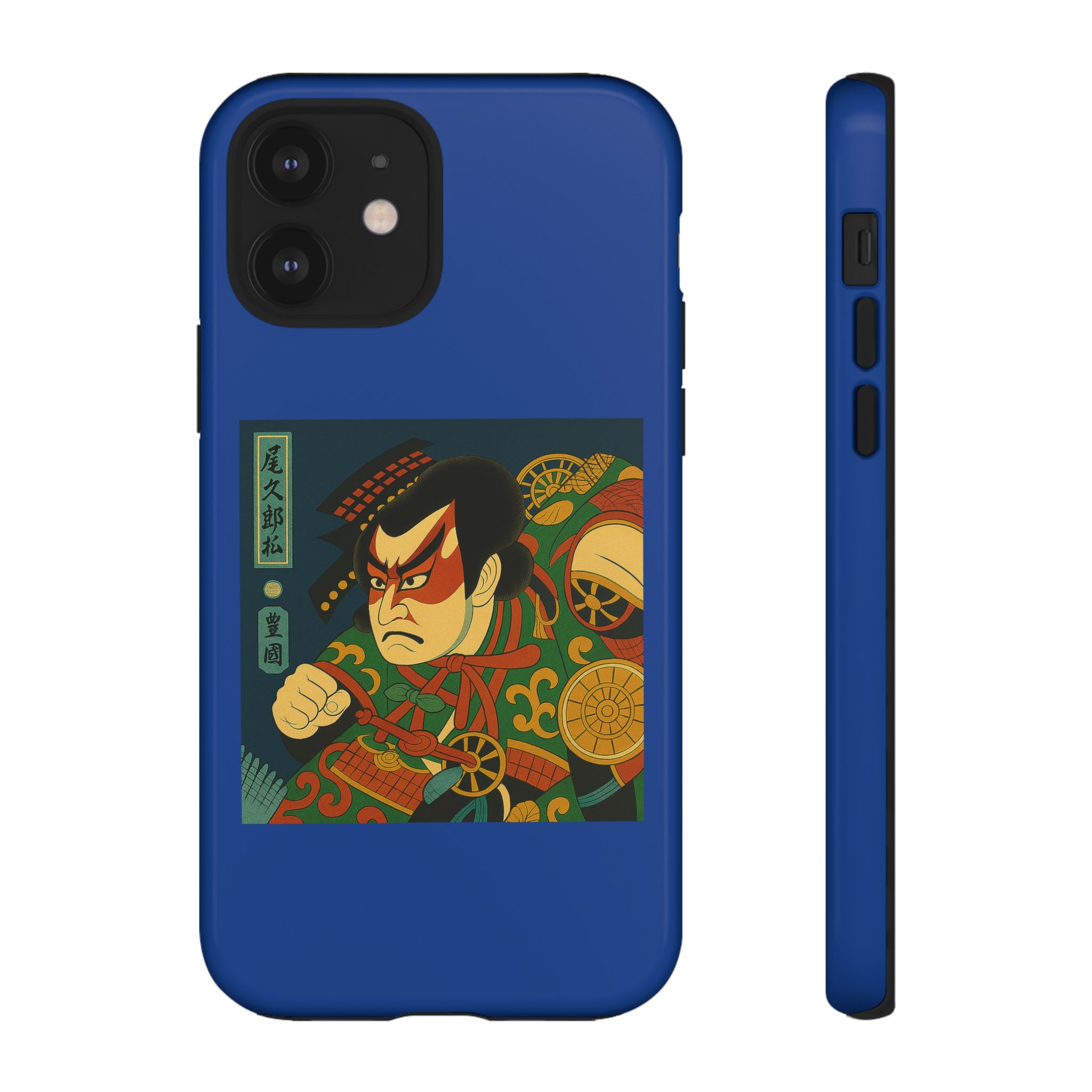 Blue phone case featuring traditional Japanese kabuki art with a character in a red mask and bold colors.