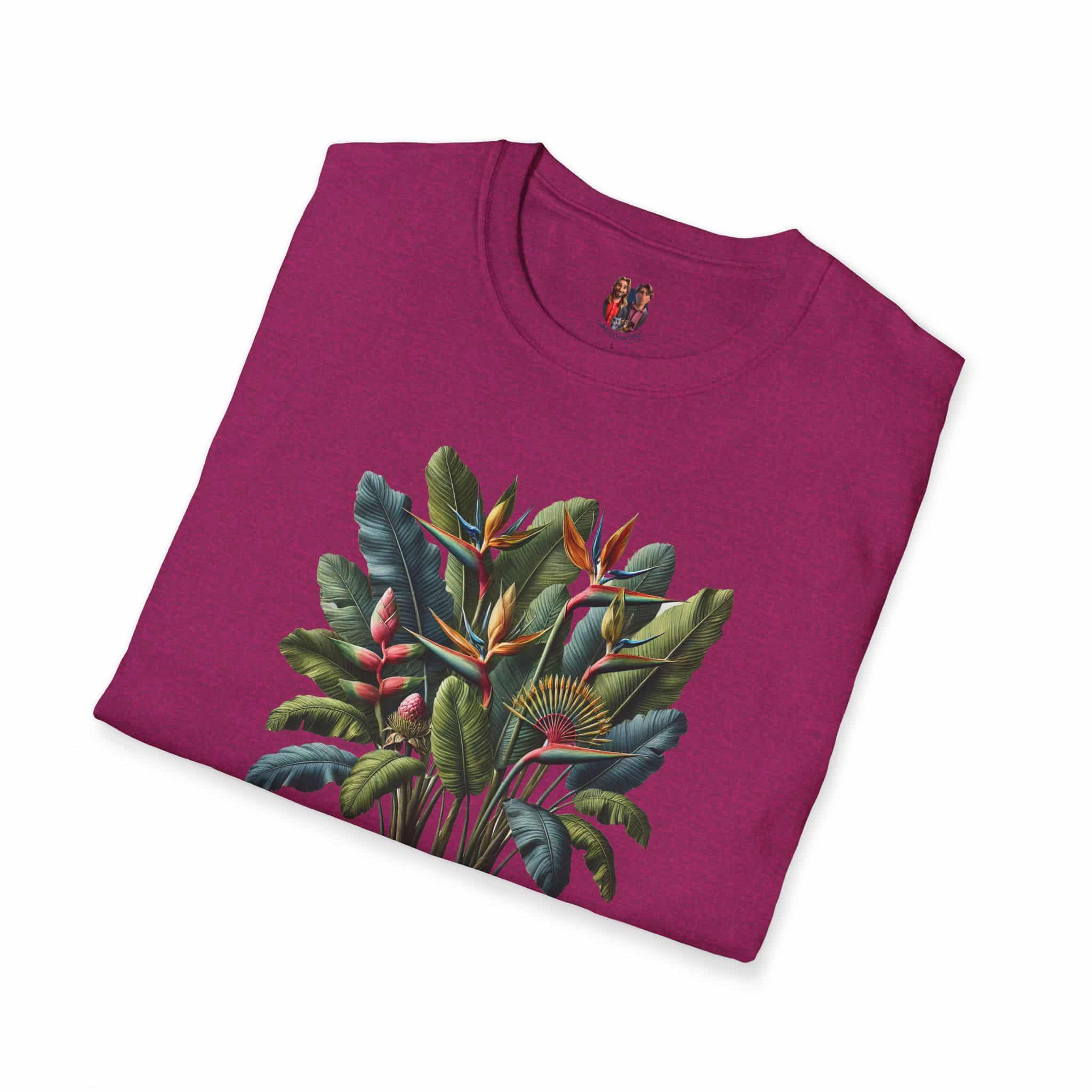 Fuchsia T-shirt featuring a vibrant tropical print with leaves and flowers.