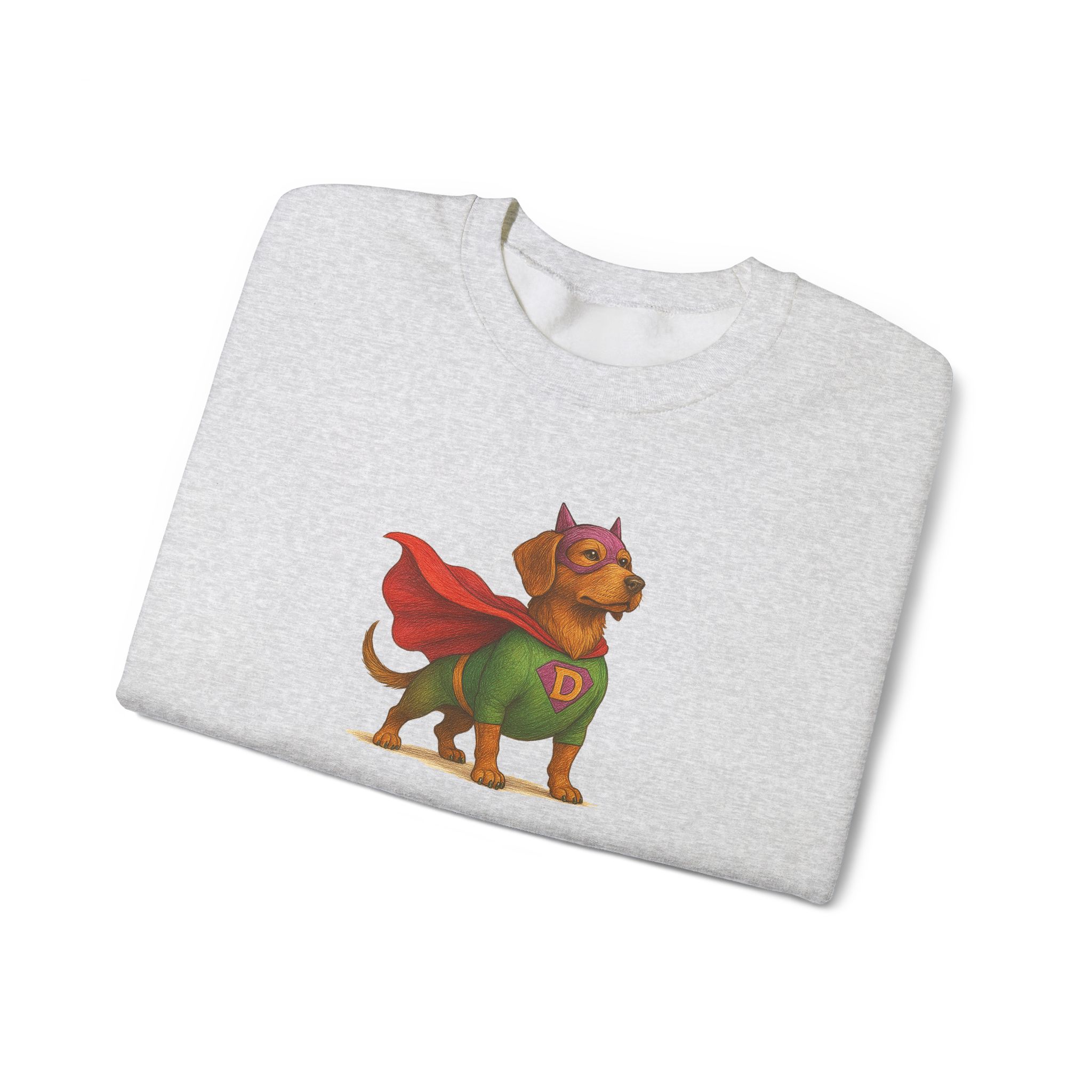 Graphic t-shirt featuring a cartoon dog dressed as a superhero with a cape and mask.