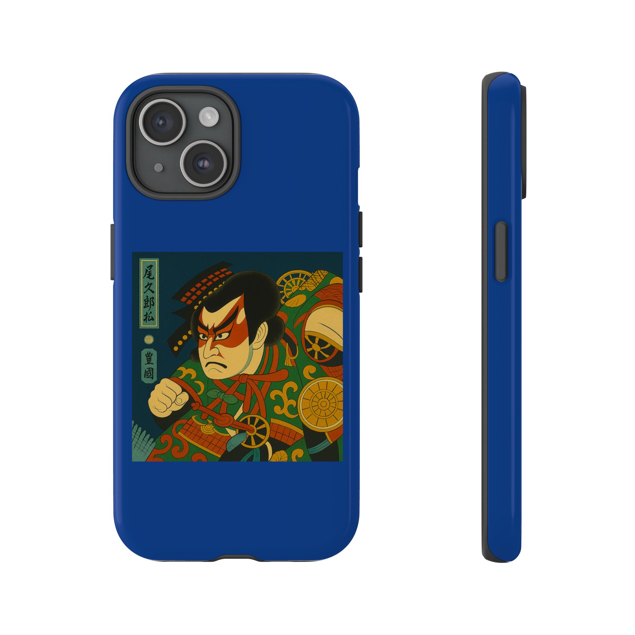 Blue phone case featuring a samurai character design with intricate details and vibrant colors.