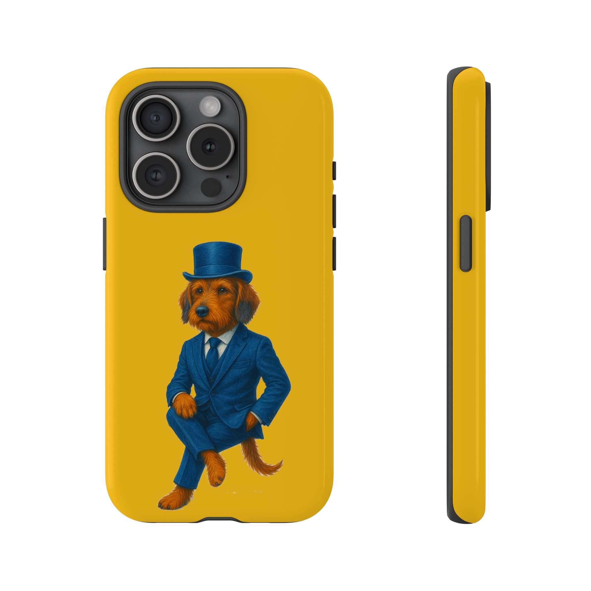Phone case featuring a dog in a suit and top hat against a yellow background.