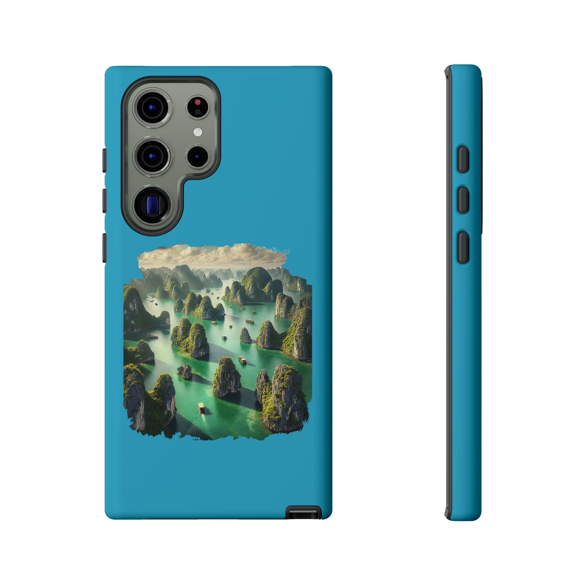 Teal phone case featuring a landscape design with mountains and water.