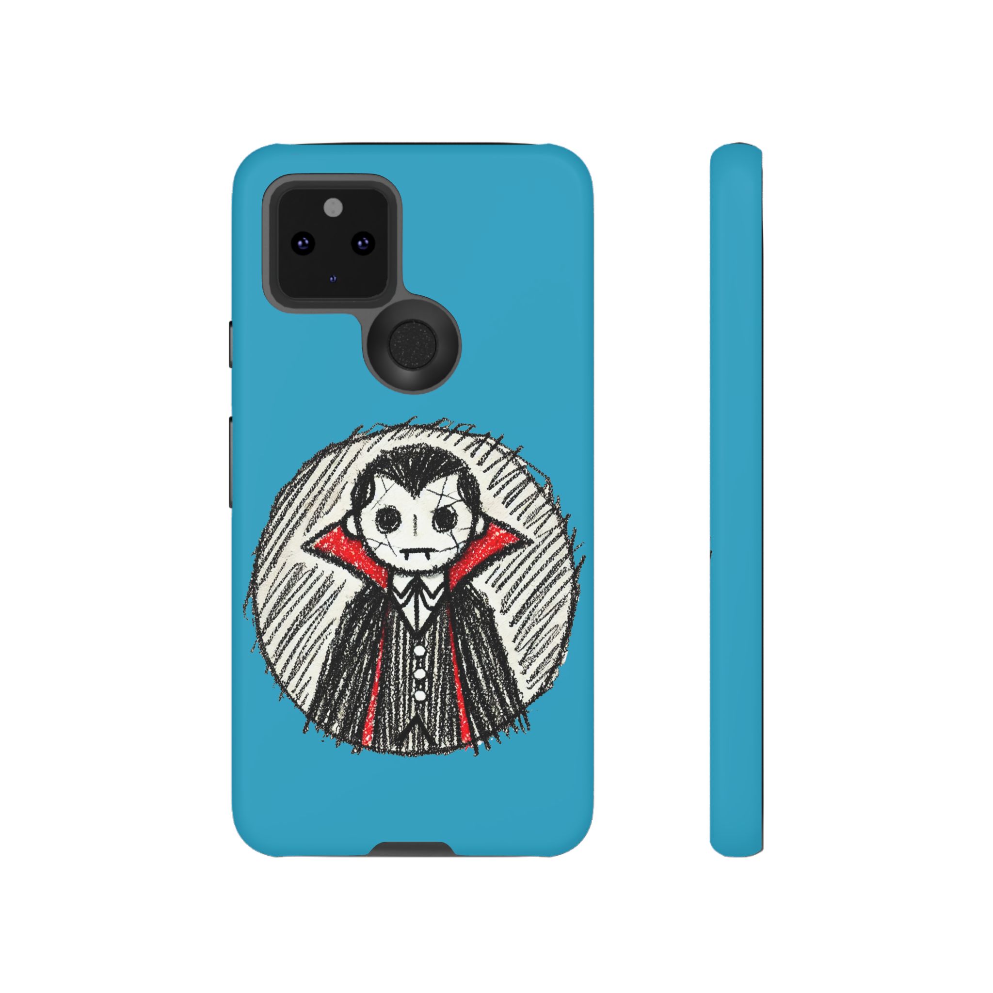 Blue phone case featuring a sketch of a Dracula character in a black and red outfit.