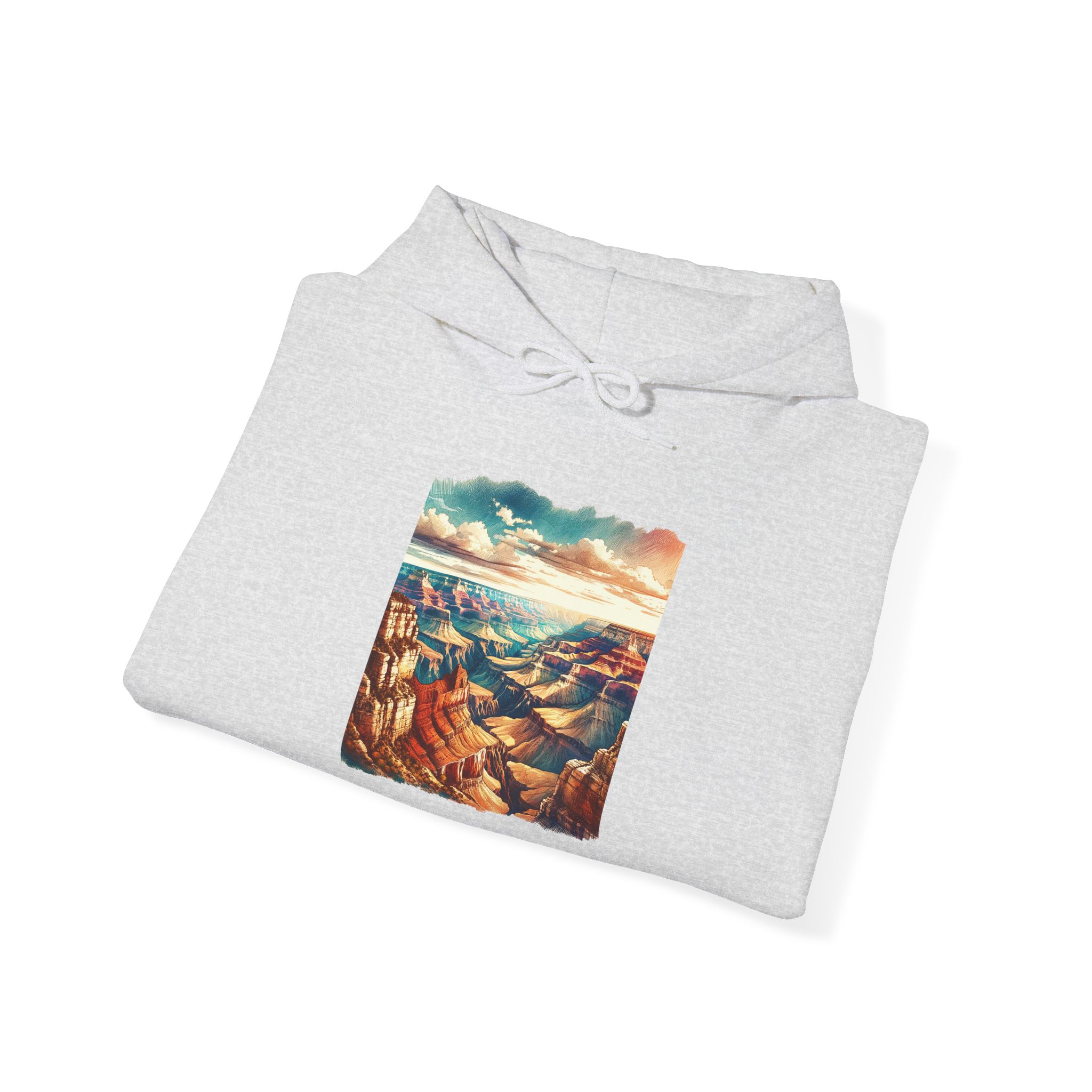 Gray hoodie featuring a colorful graphic of the Grand Canyon landscape on the front.