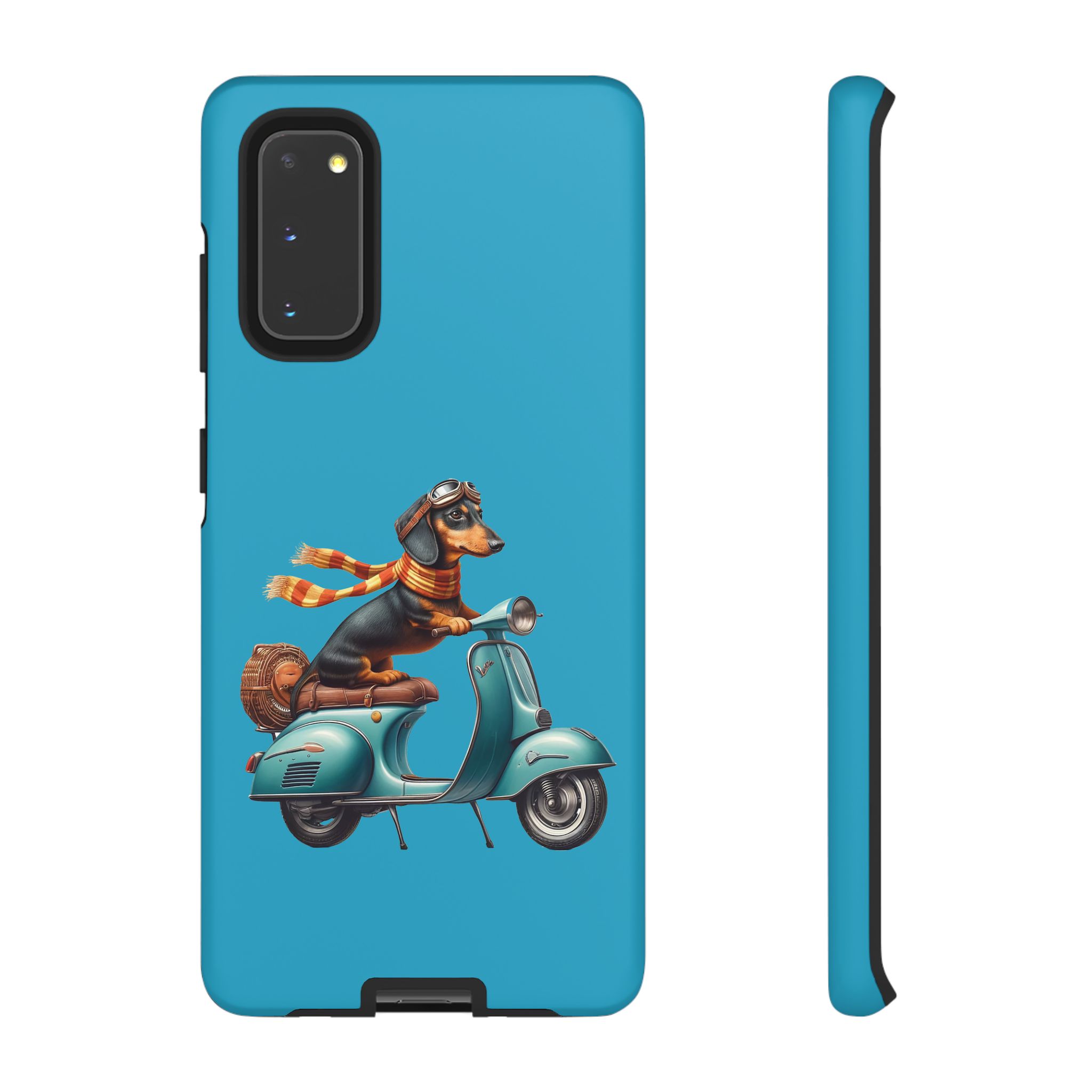 Dachshund wearing a scarf riding a vintage scooter on a blue background.