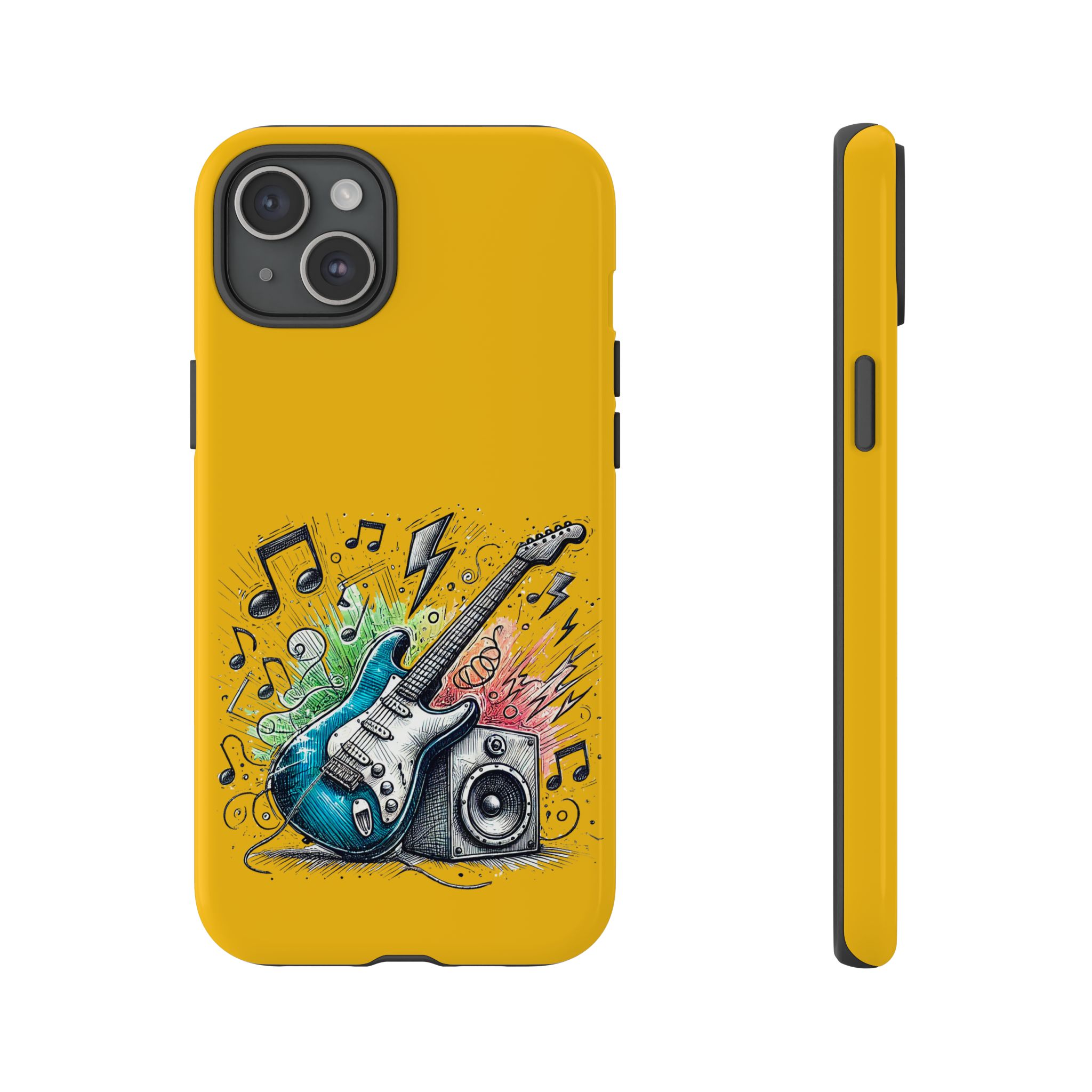 Colorful phone case design featuring a guitar, speaker, and musical notes on a yellow background.