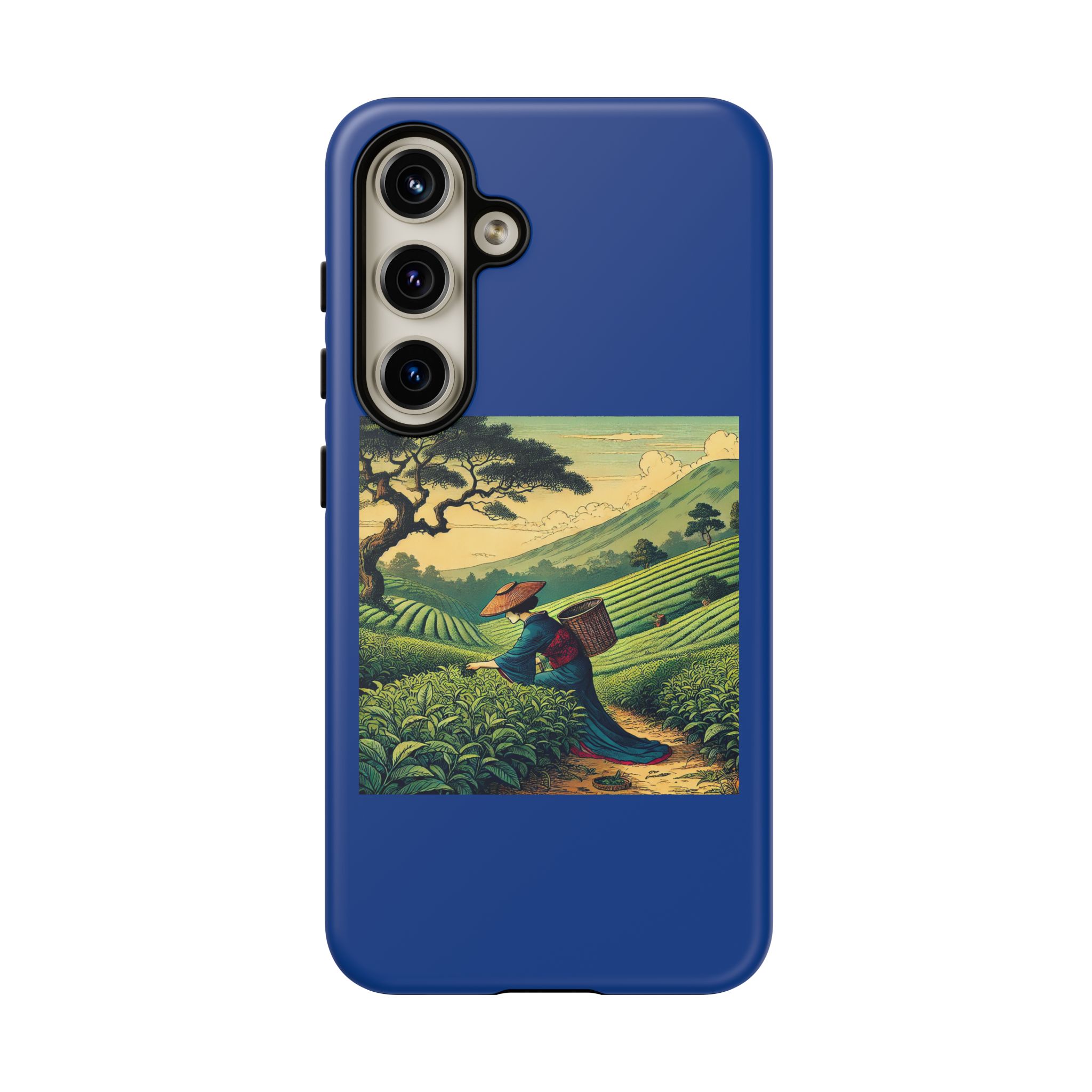 Blue phone case featuring an illustration of a person carrying a basket in a tea plantation landscape.