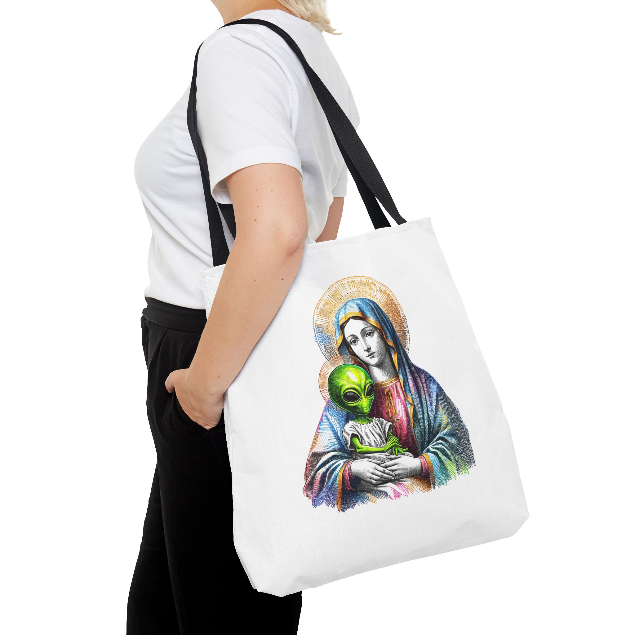 Satiric cute tote bag Boho shoulder bag Alien virgin mary retro shoulder bag fun gift religious design purse unique handbag – Image 6