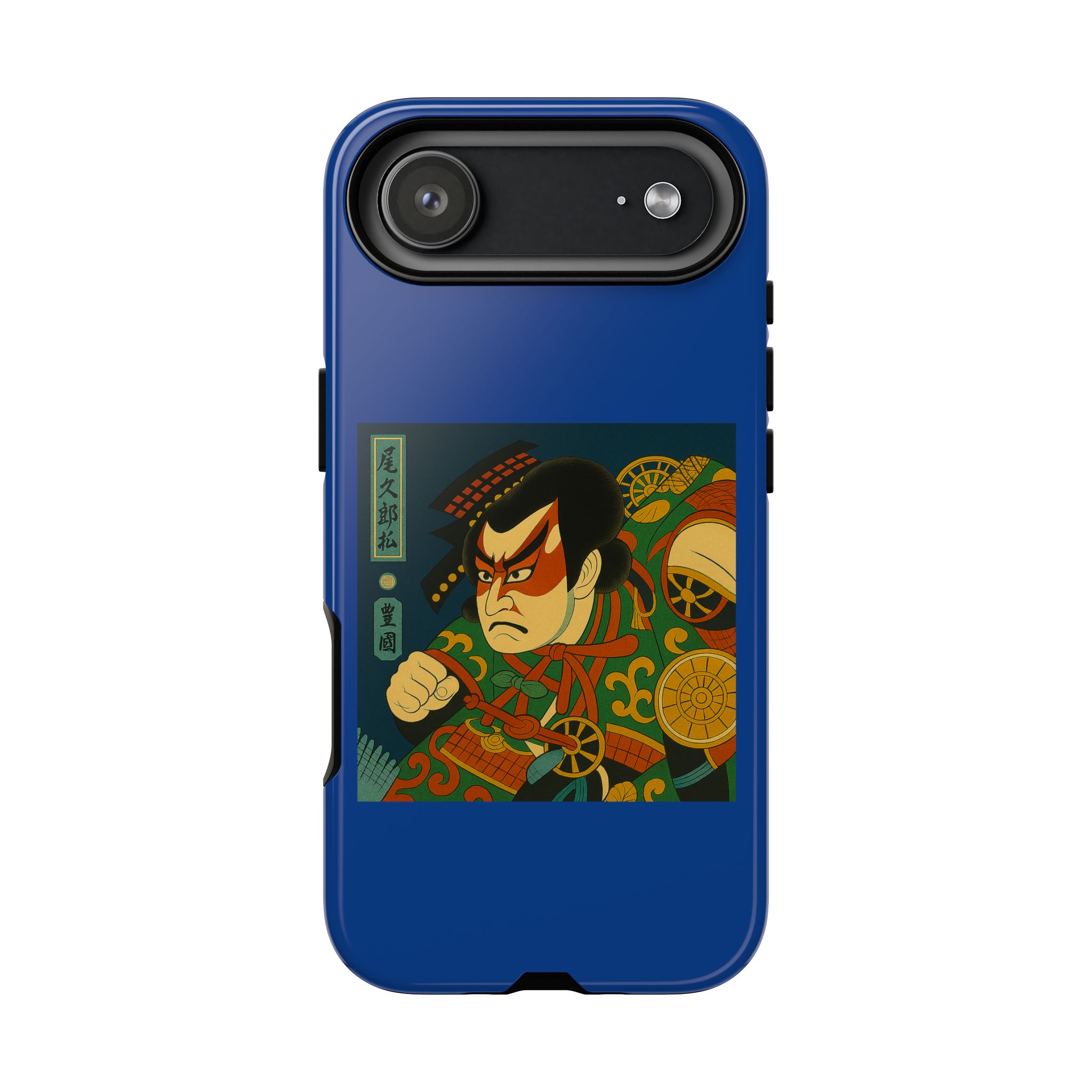 Blue phone case featuring a traditional Japanese design with a character in a red mask and colorful patterns.