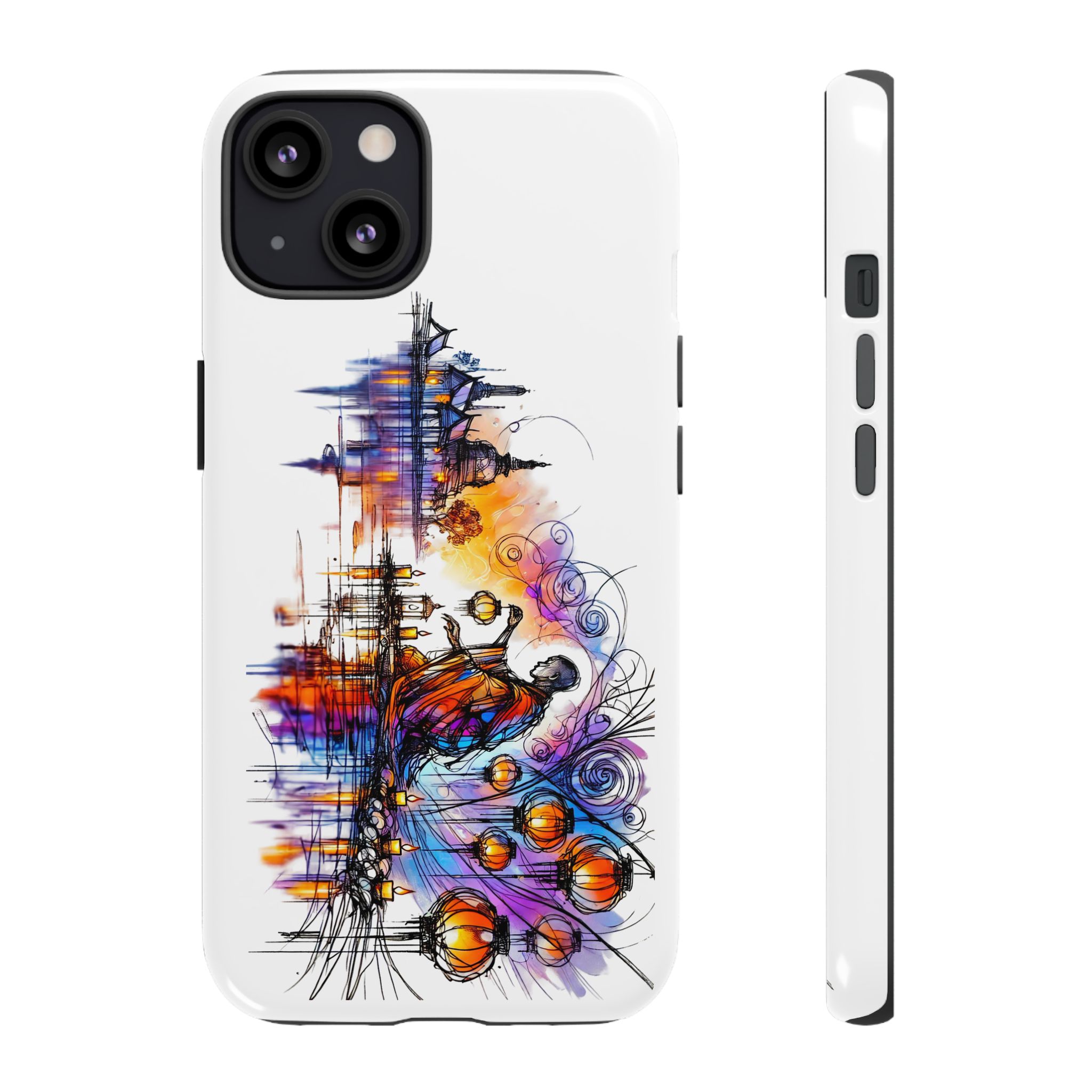 Artistic phone case design featuring a colorful illustration of a figure with orbs and abstract elements.