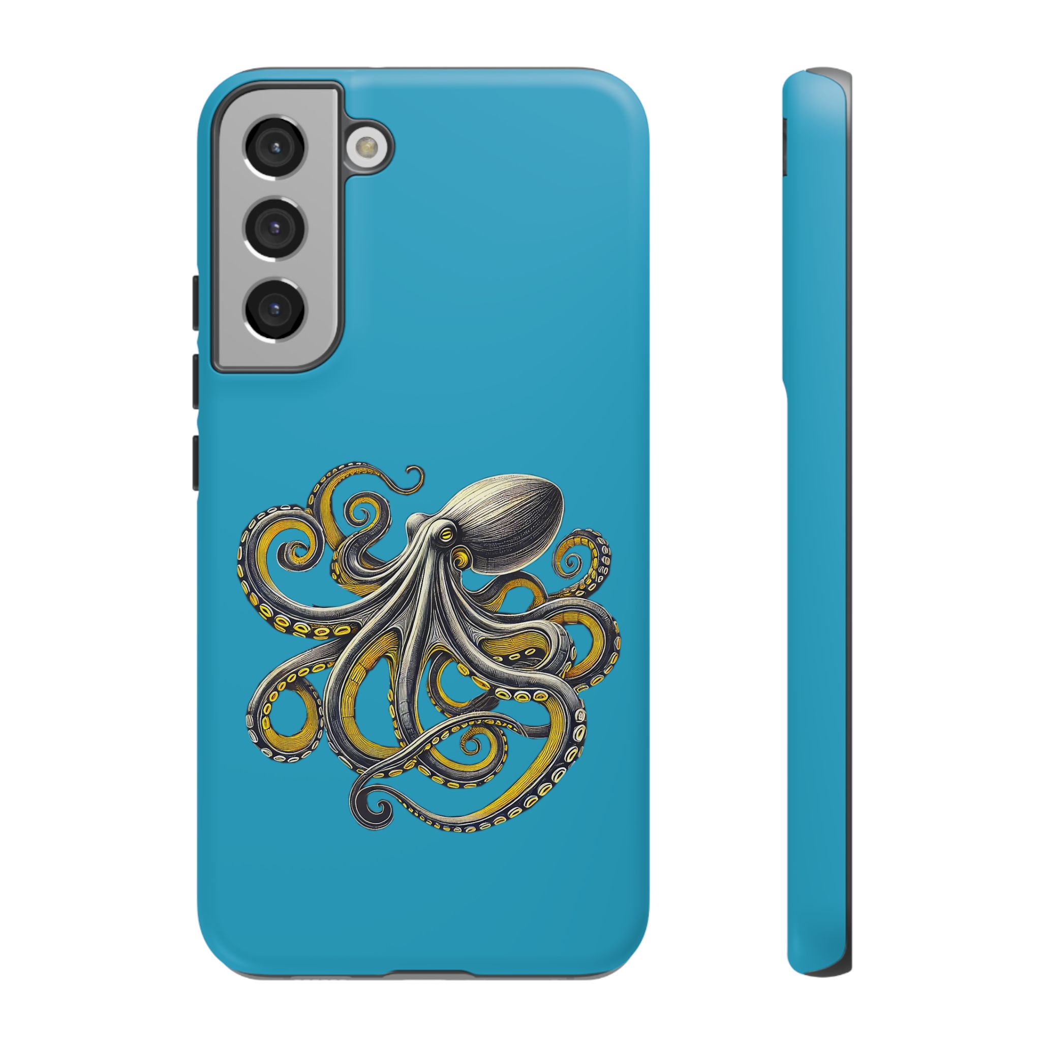 Phone case design featuring an octopus illustration on a blue background.