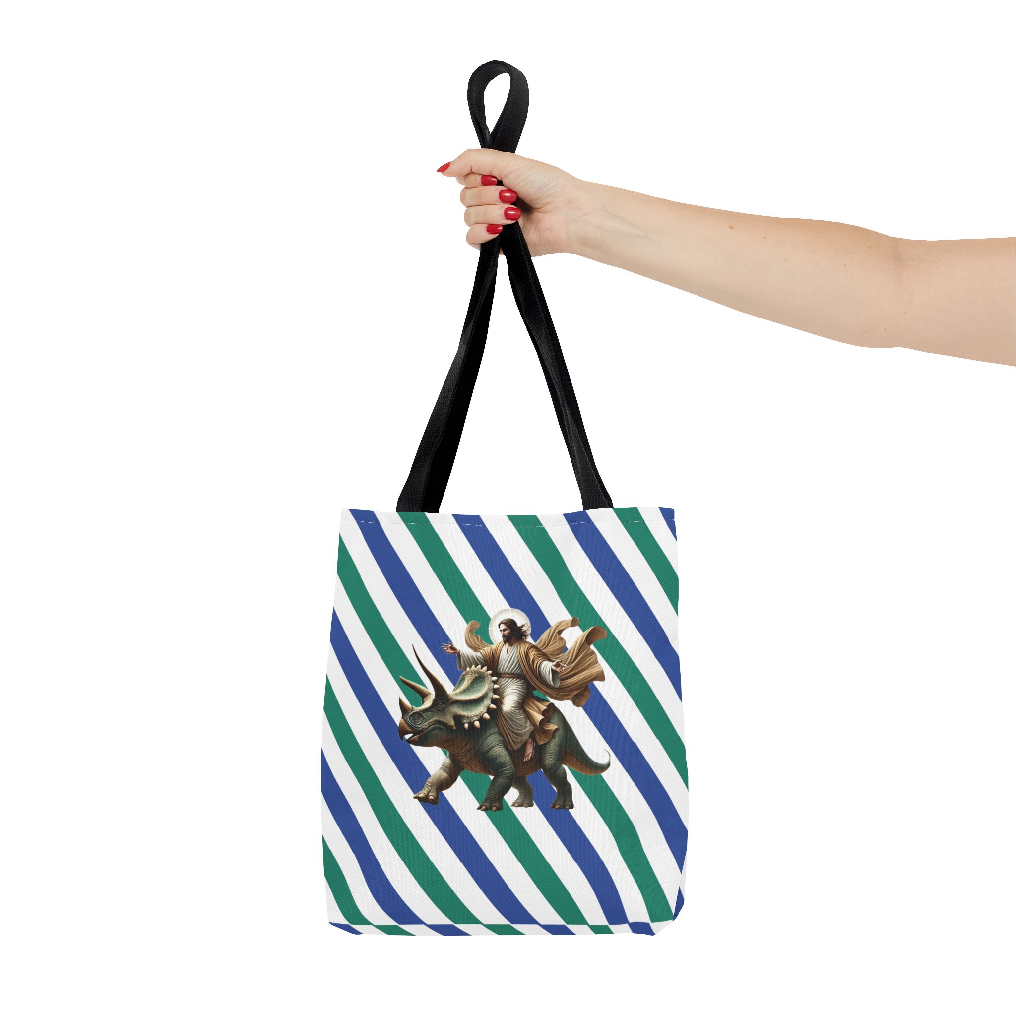 Fun canvas tote bag jurassic boho tote bag Jesus riding triceratops shoulder bag satiric purse religious design sarcastic cute tote bag – Image 2