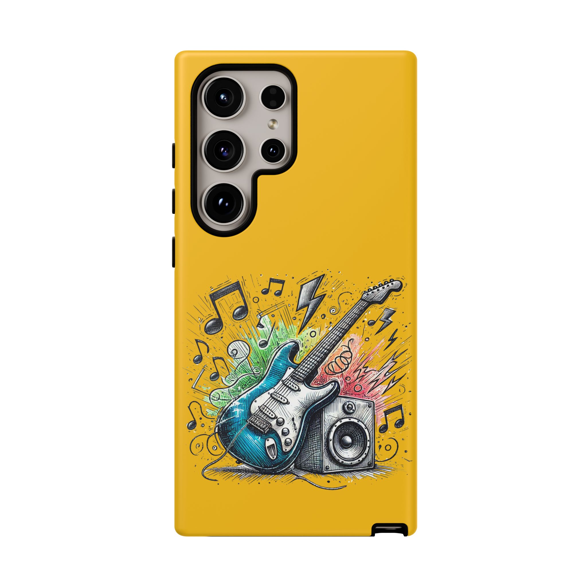Illustration of an electric guitar and speaker with musical notes and colorful elements on a yellow background.