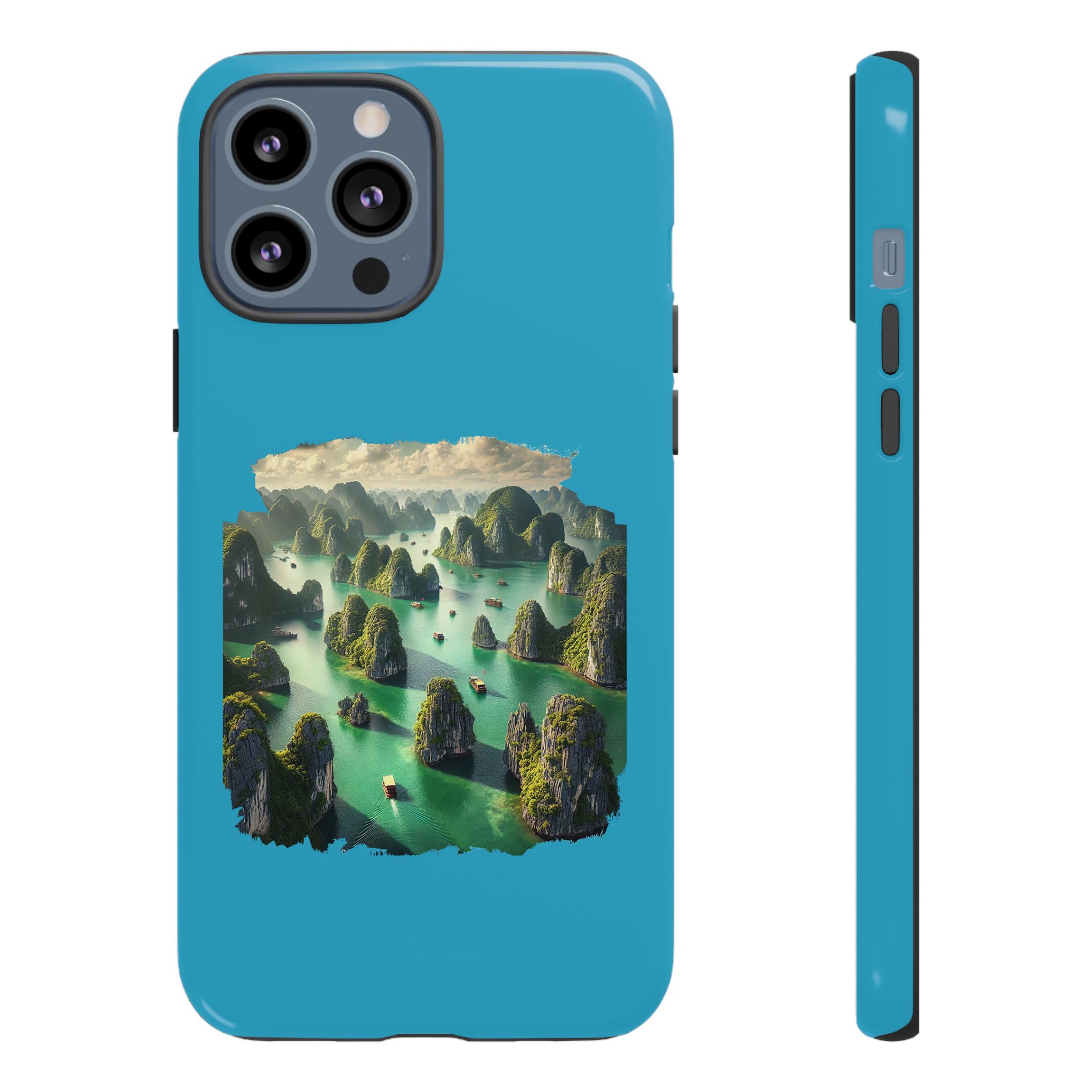 Turquoise phone case featuring a scenic landscape with islands and boats on water.