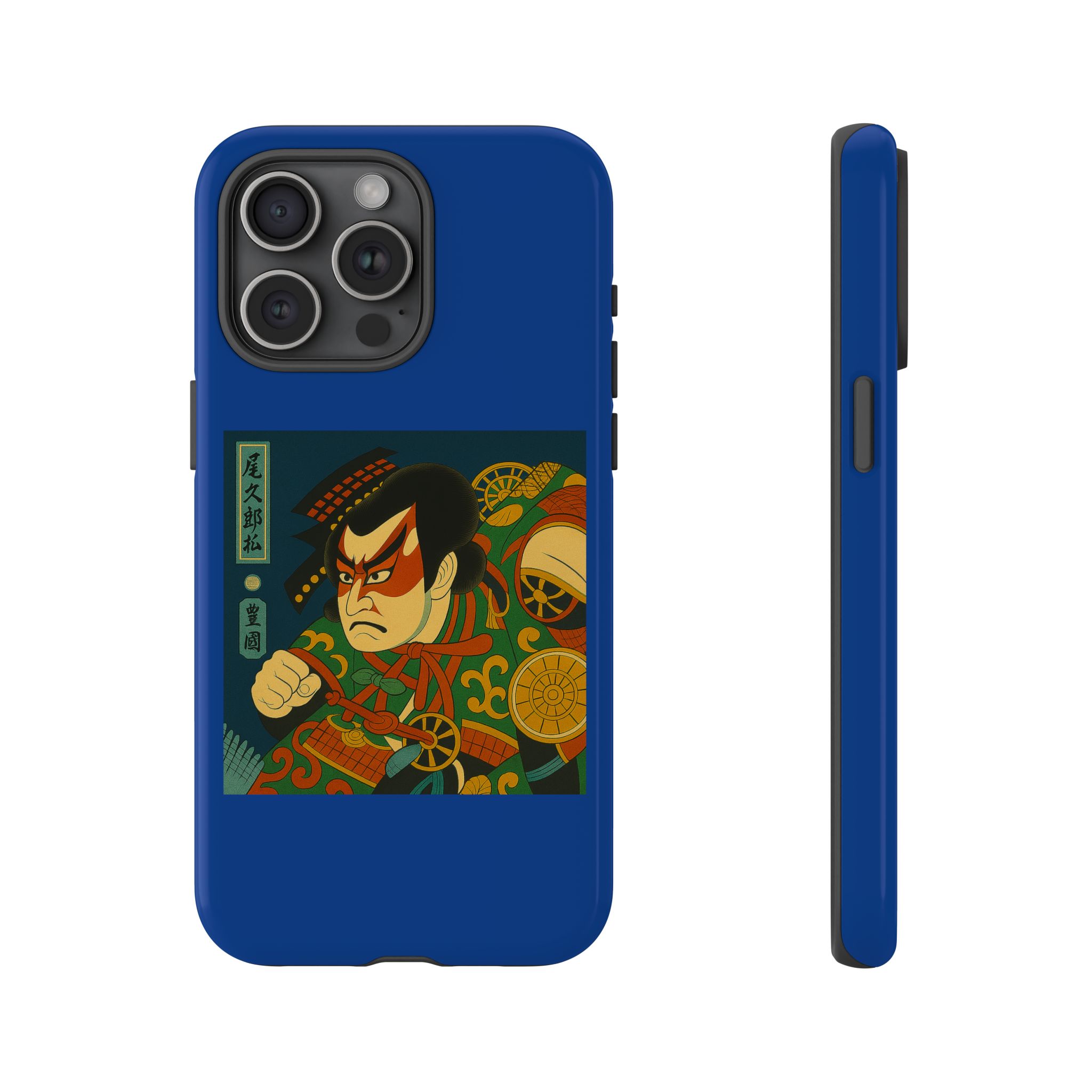 Blue phone case featuring a traditional samurai design with vibrant colors and intricate details.
