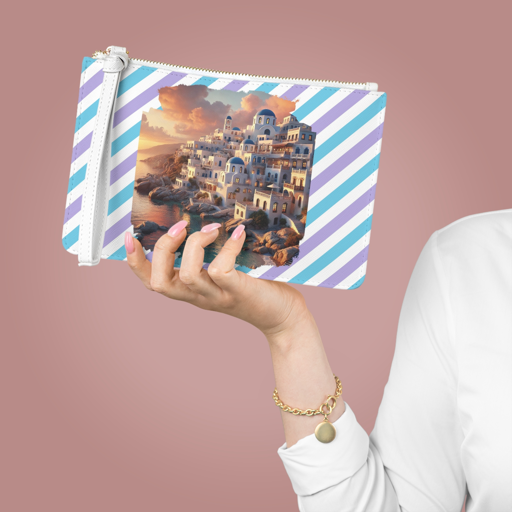 Landscape evening bag Santorini caldera clutch bag nature print greece clothing gift vintage Handbag cool purse unique