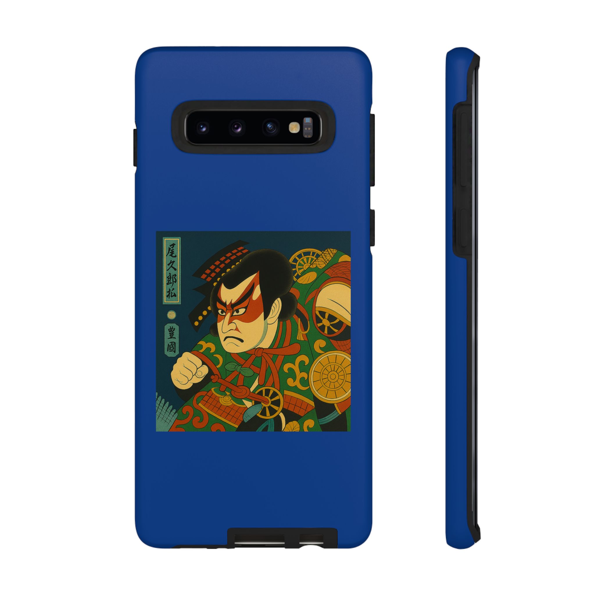 Blue phone case featuring traditional Japanese artwork of a samurai with bold colors and intricate designs.