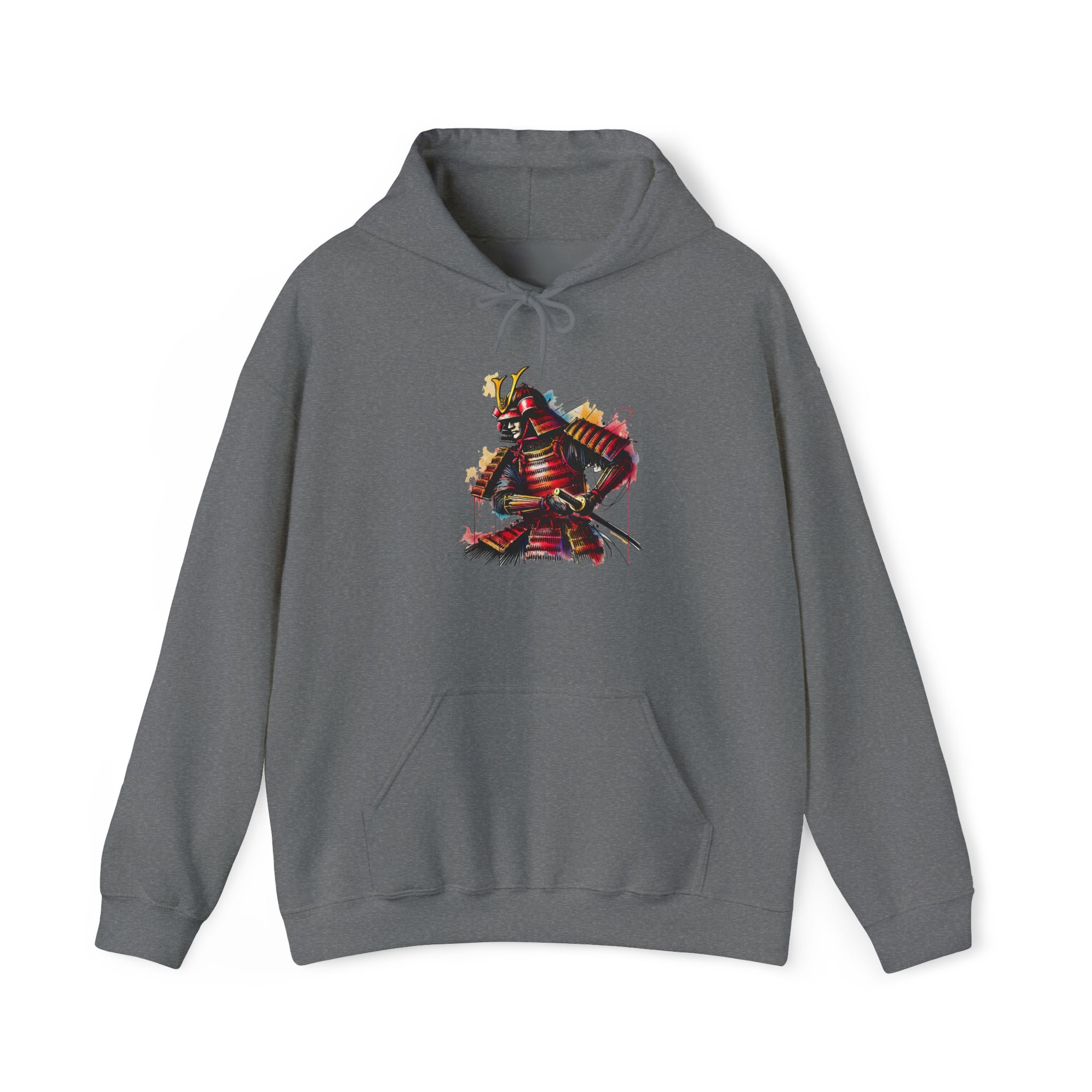Gray hoodie featuring a colorful samurai graphic on the front.