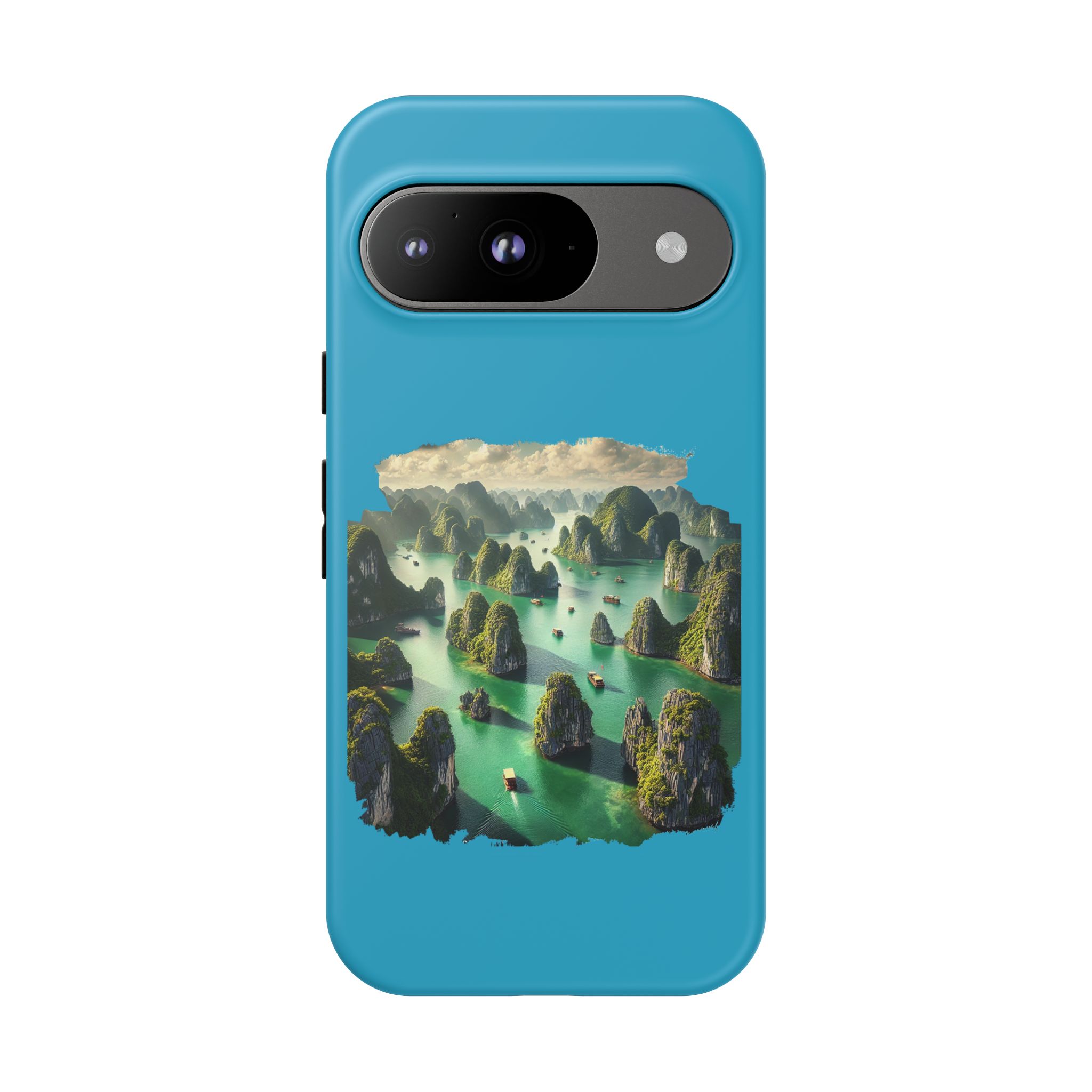 Phone case featuring a scenic landscape with mountains and water in a vibrant blue color.