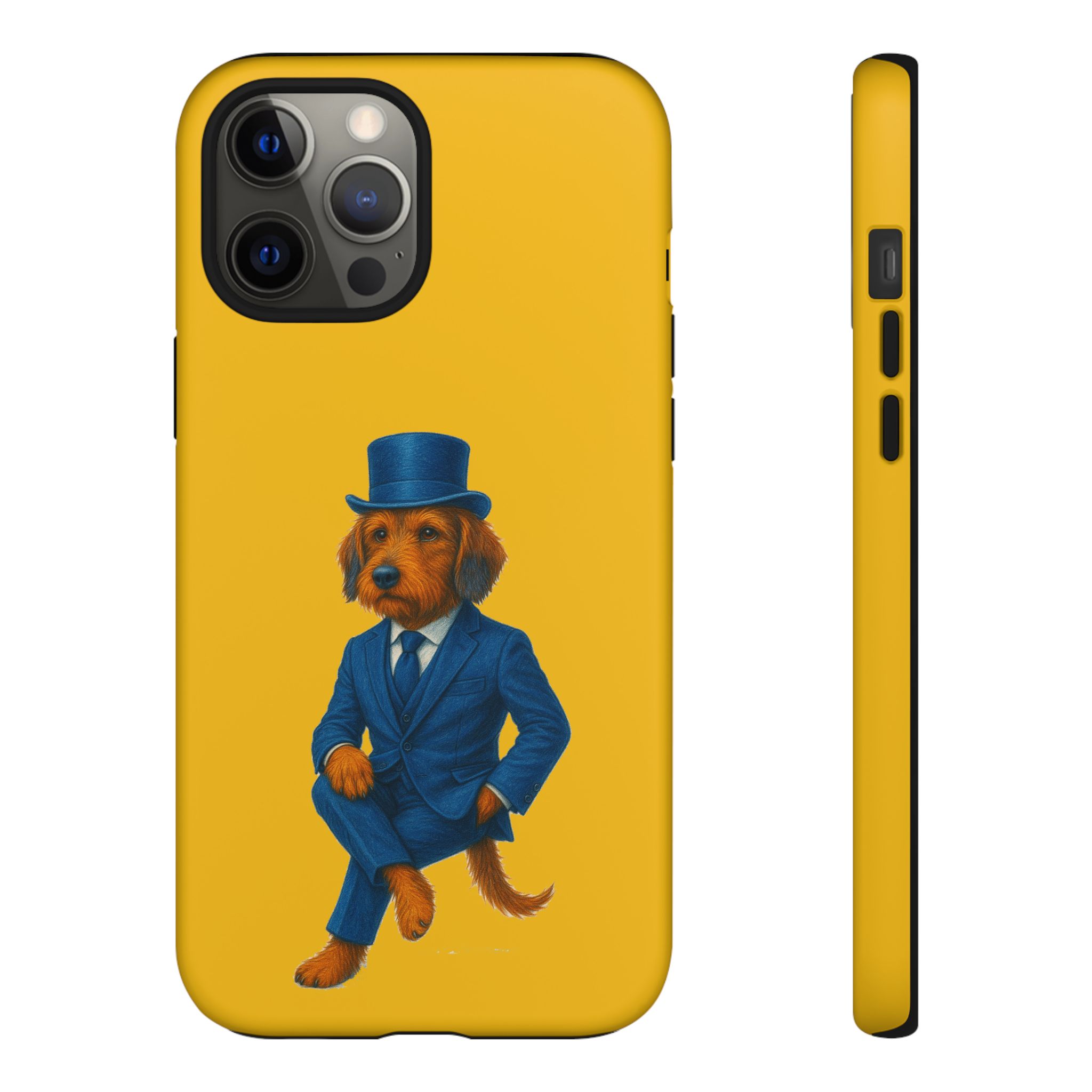 Phone case featuring a dog in a blue suit and top hat against a yellow background.