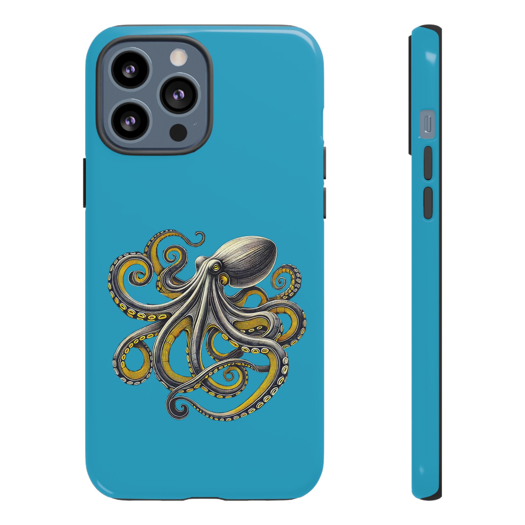 Illustration of an octopus on a blue phone case with detailed tentacles and features.