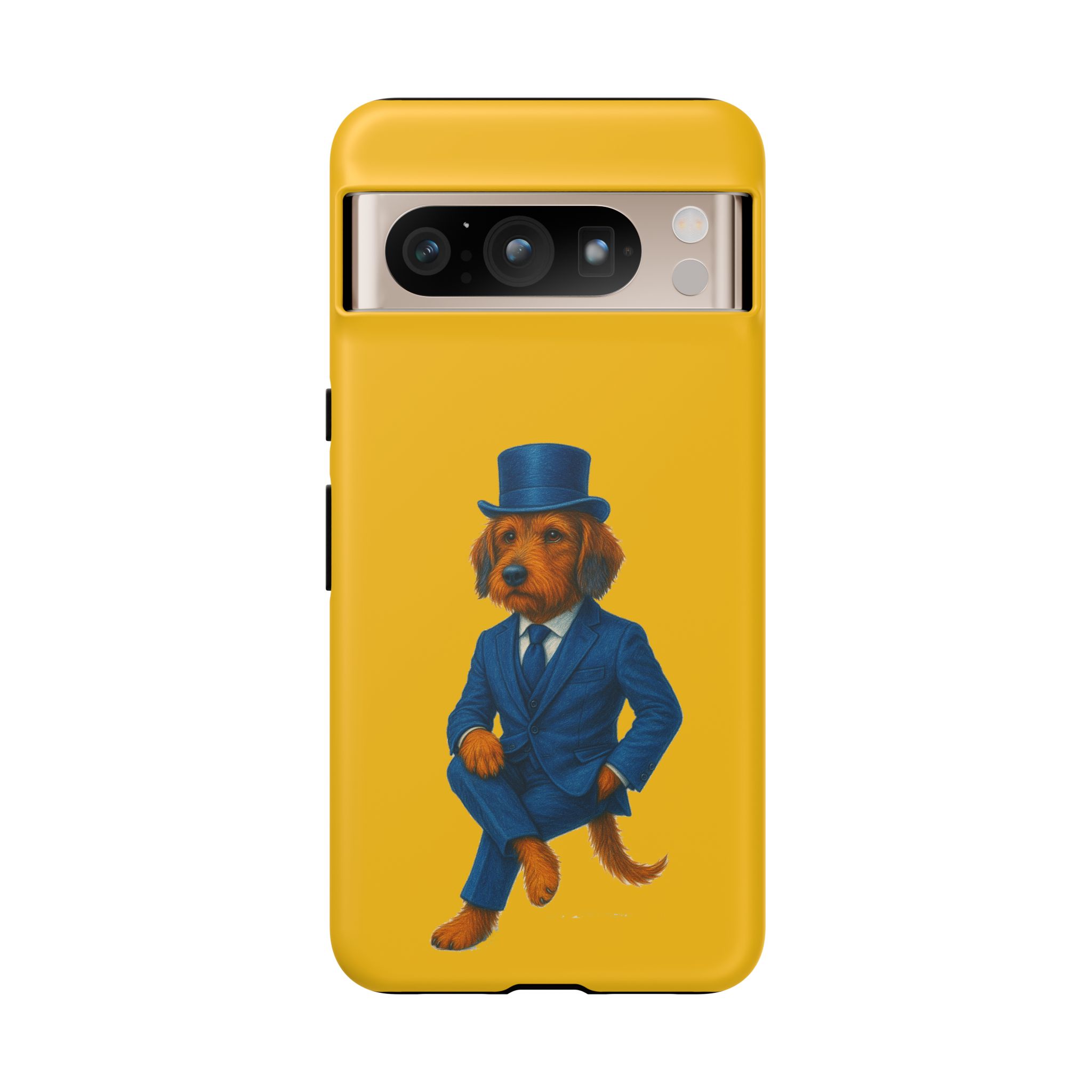 Phone case featuring a dog dressed in a blue suit and top hat against a yellow background.