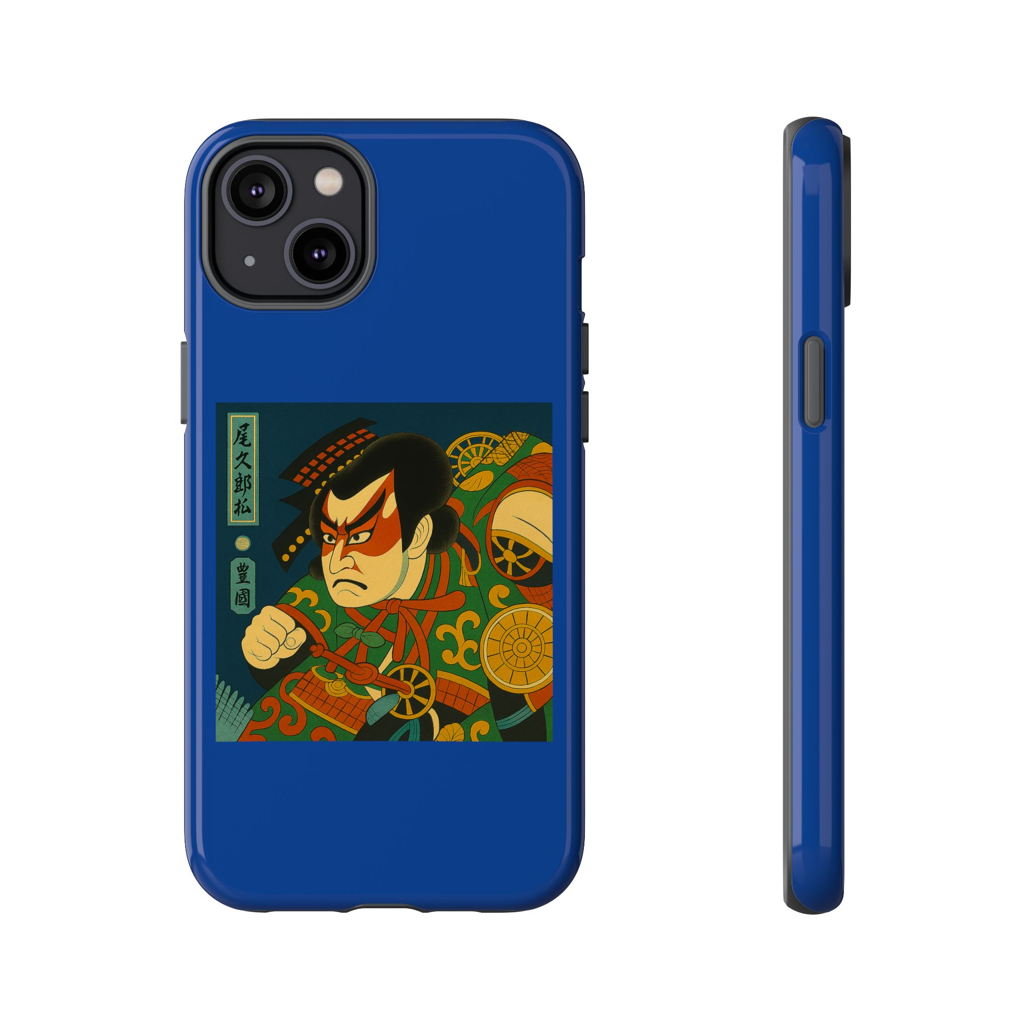 Blue phone case featuring traditional samurai artwork with bold colors and intricate designs.
