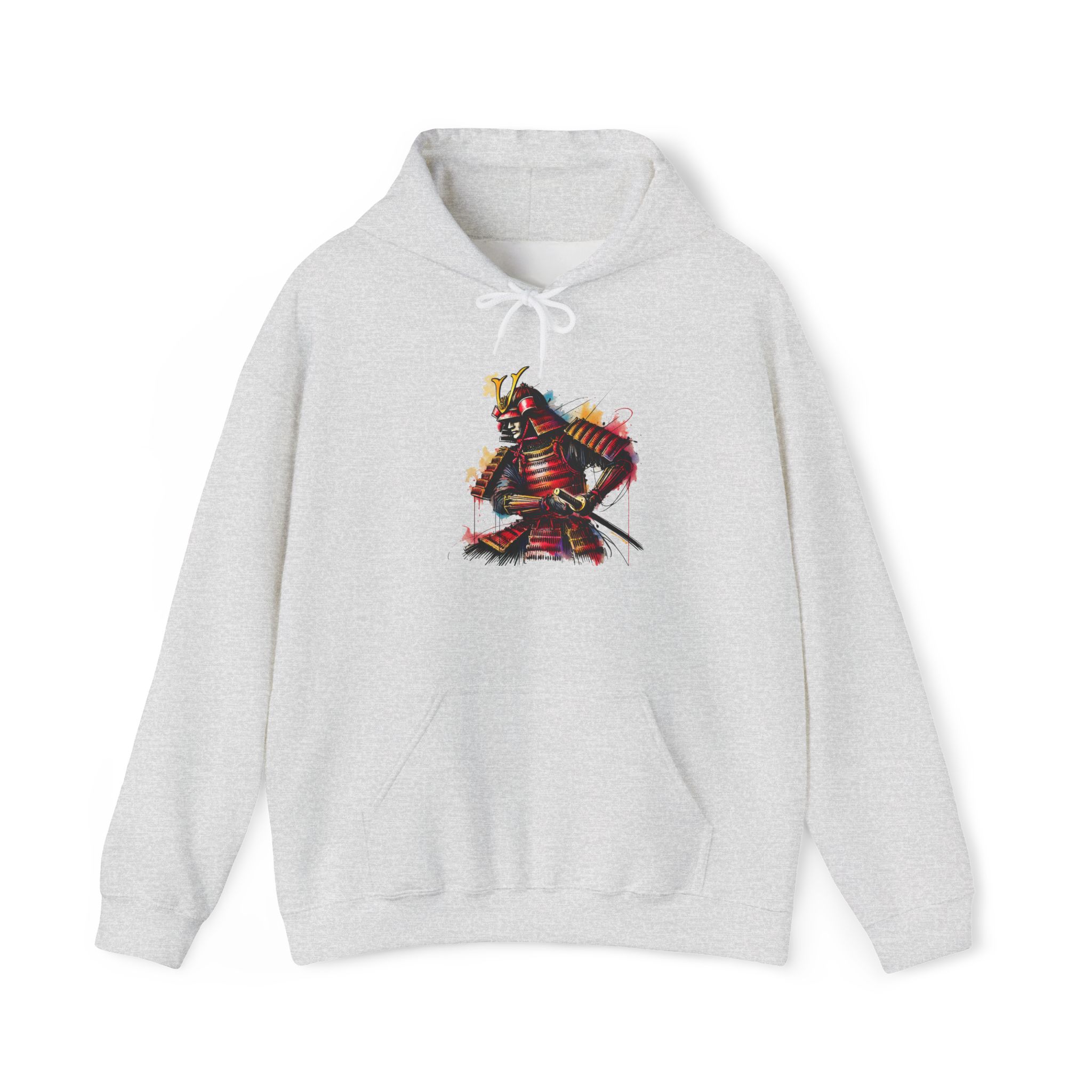 Gray hoodie featuring a colorful samurai graphic design on the front.