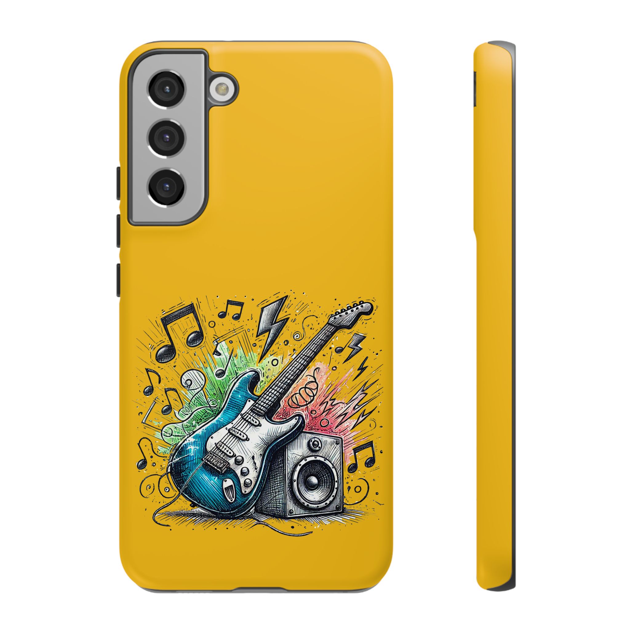 Yellow phone case featuring a graphic of an electric guitar and musical notes.