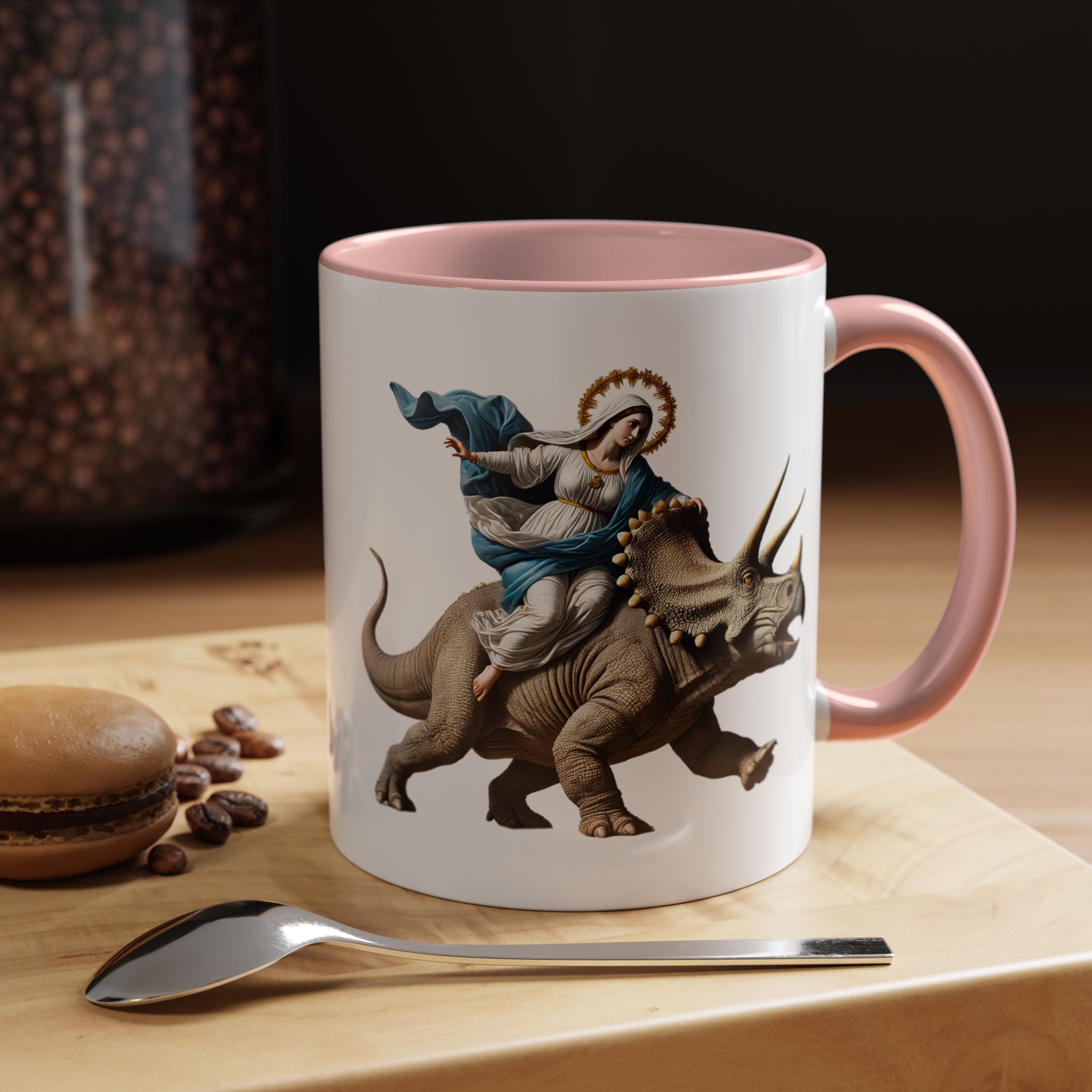 Sarcastic Coffee mug jurassic Virgin mary riding triceratops funny office mug boho gift tea cup cute accessory – Image 15