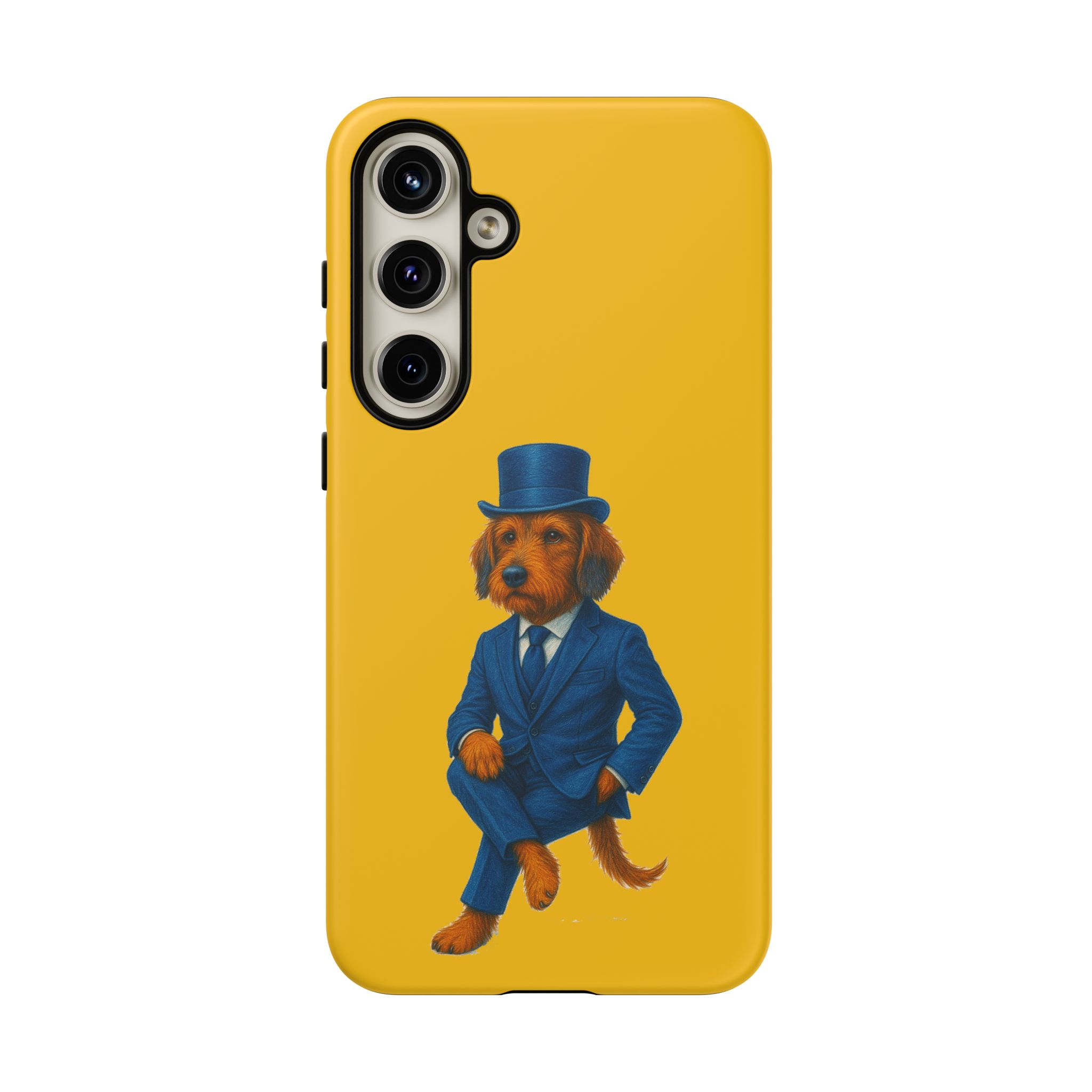 Phone case featuring a dog dressed in a blue suit and top hat against a yellow background.