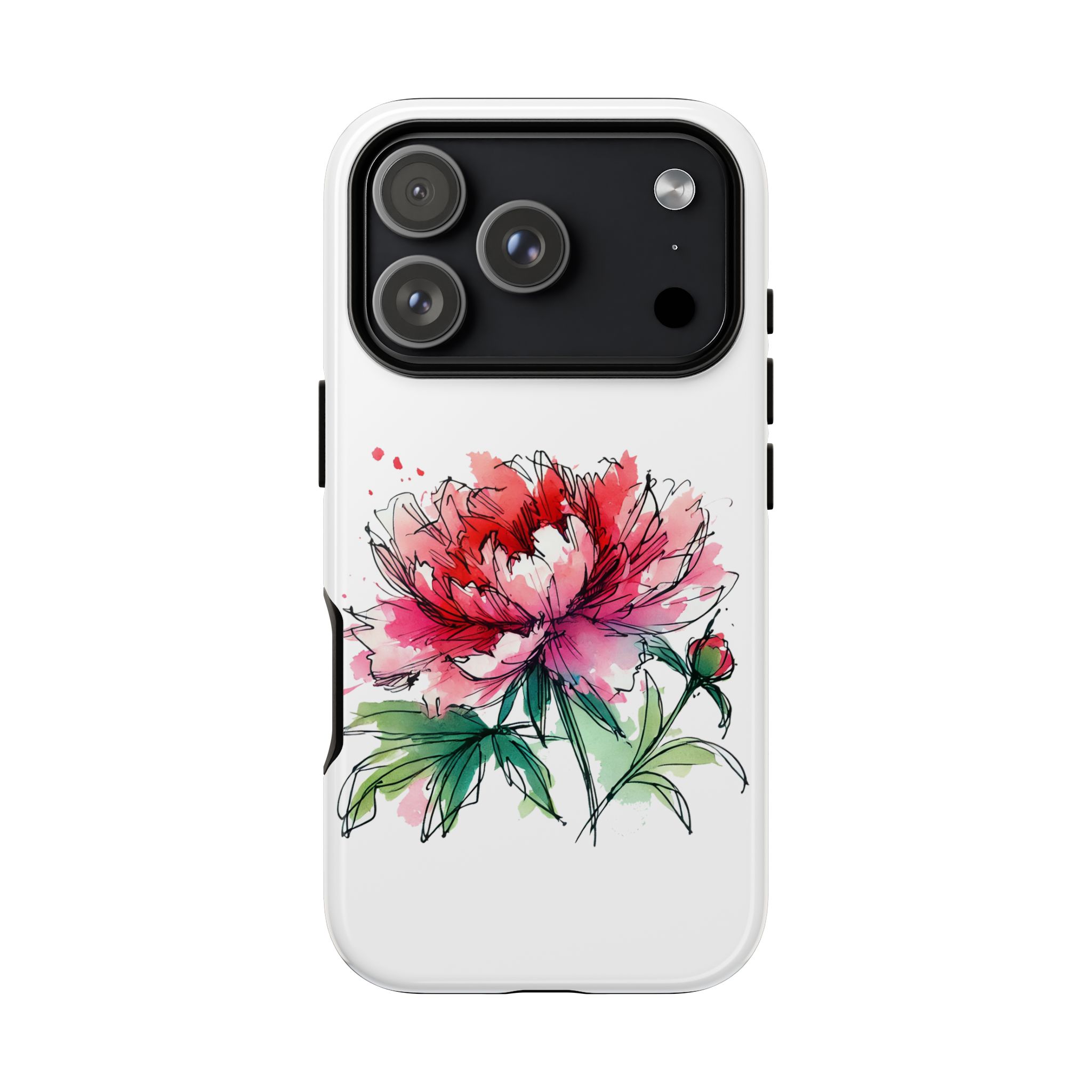 Illustration of a peony flower in red and pink on a white phone case.