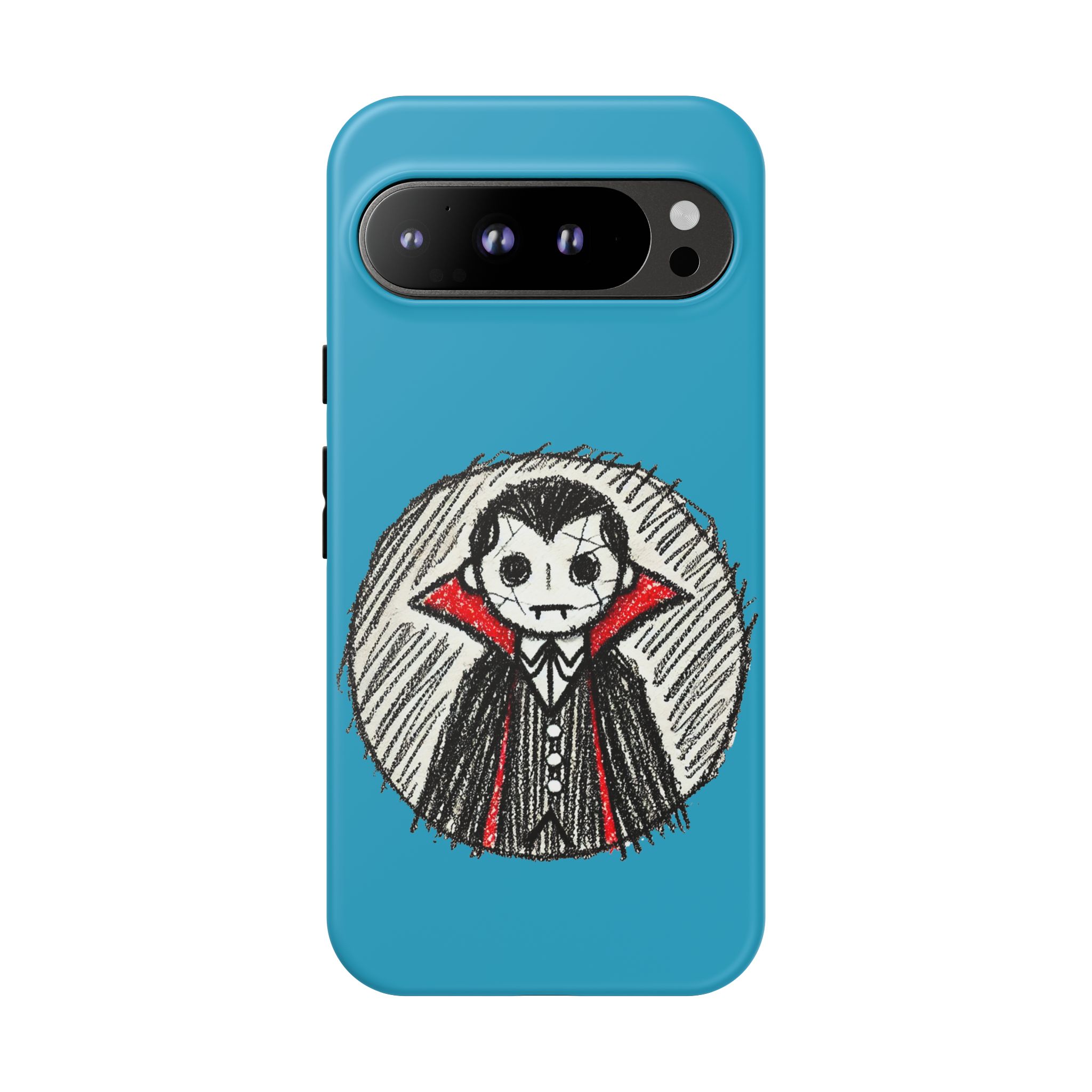 Phone case featuring a hand-drawn vampire character with a blue background.