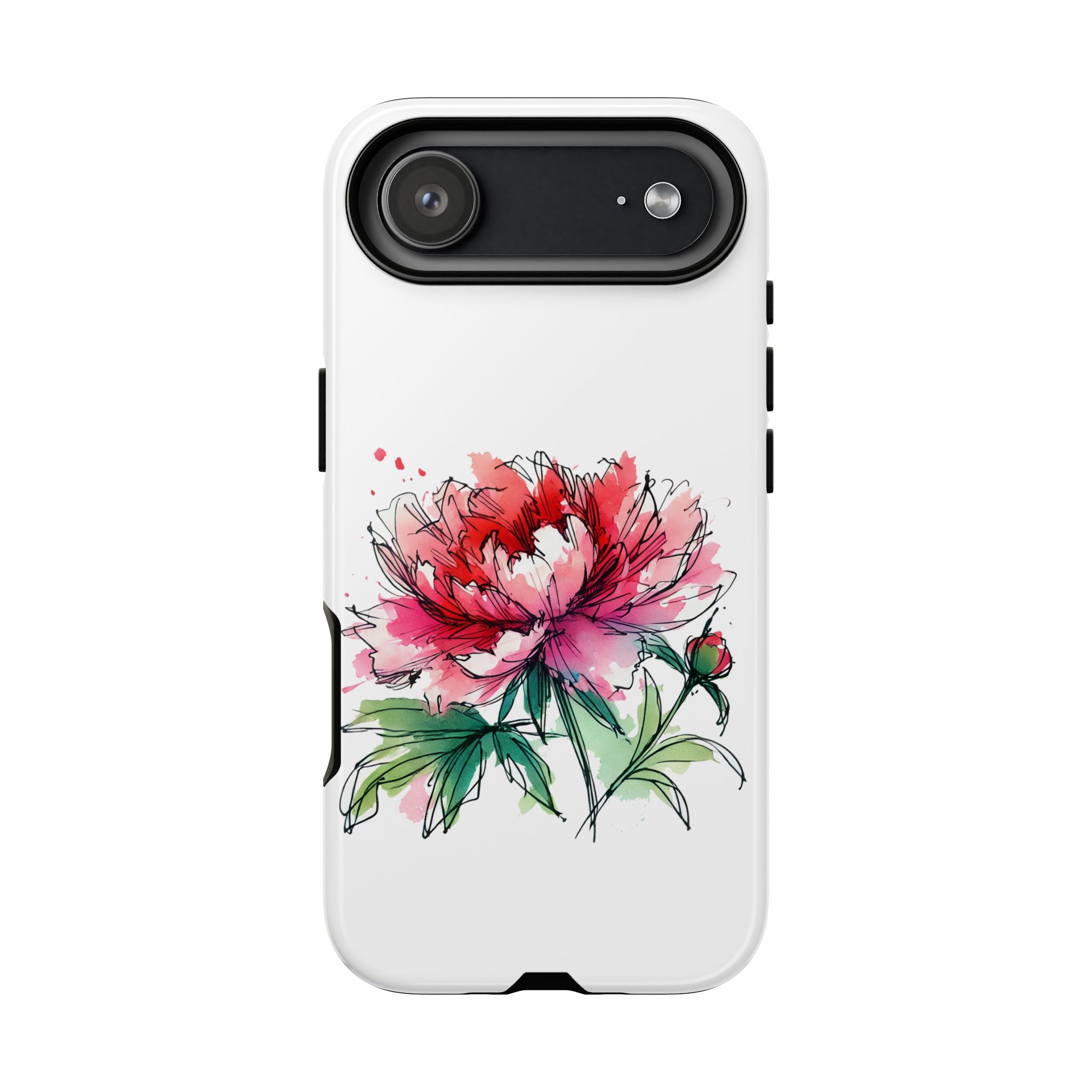 Illustration of a red and pink peony flower on a white phone case.