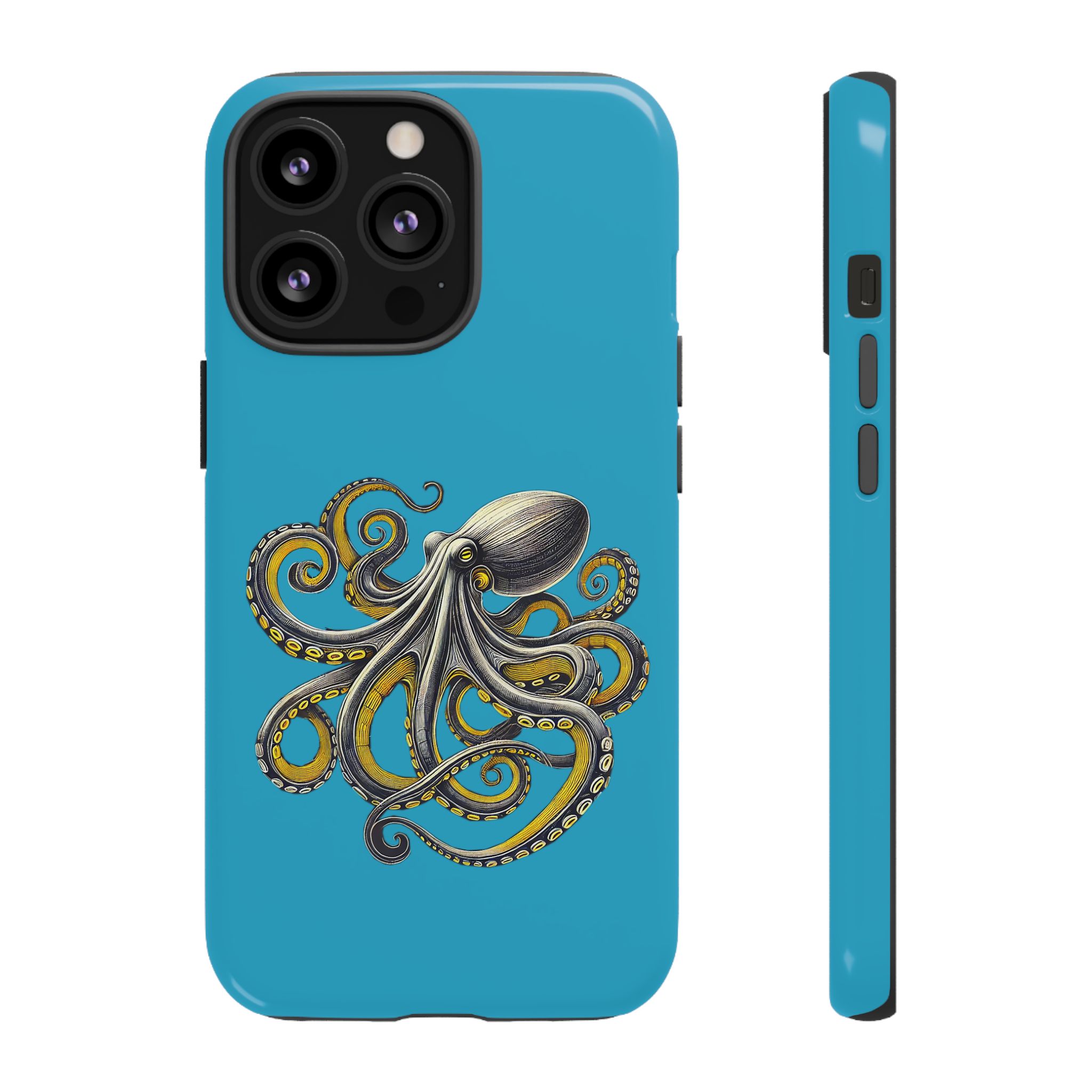 Phone case with an illustration of an octopus on a blue background.