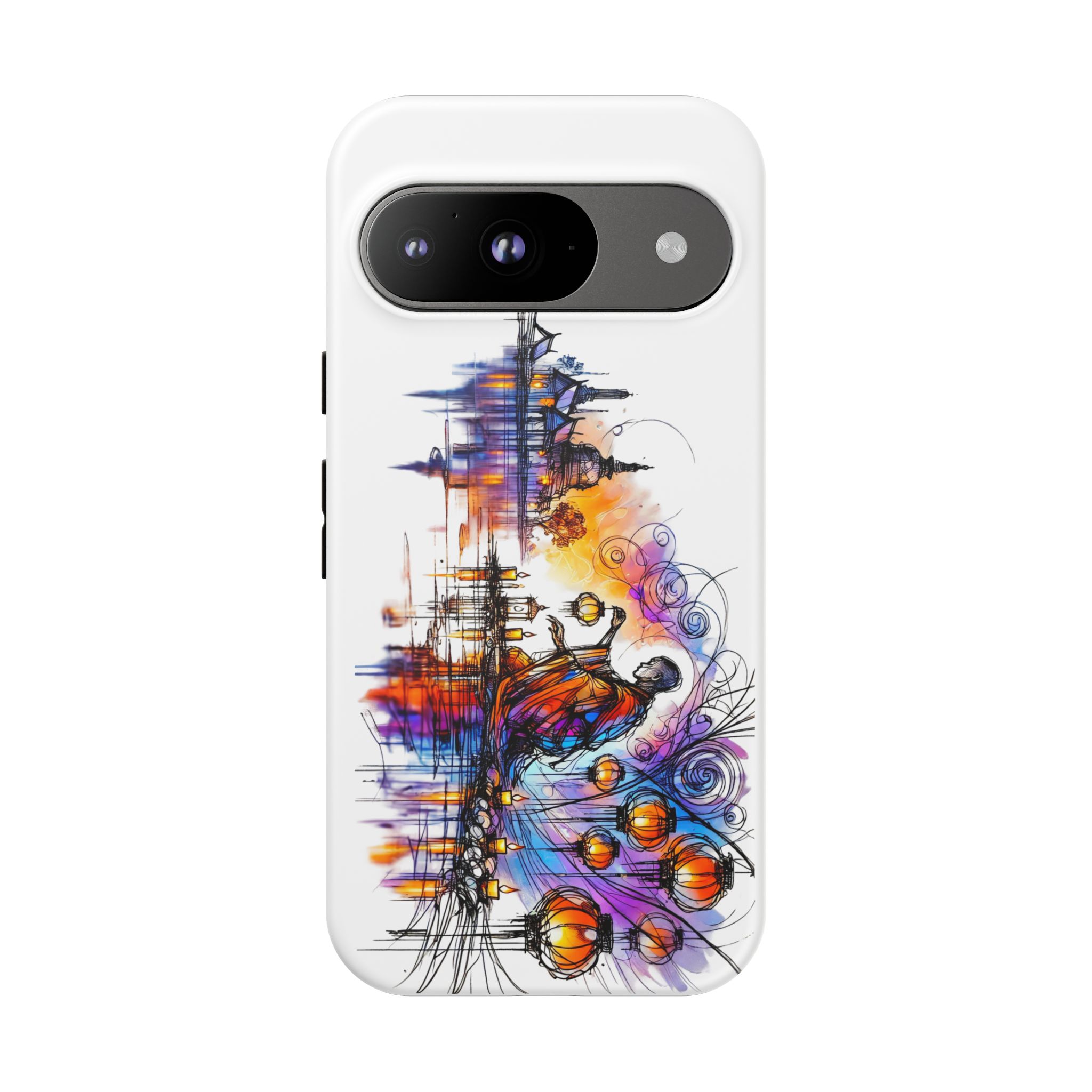 Colorful artistic illustration on a phone case featuring a figure and abstract elements.