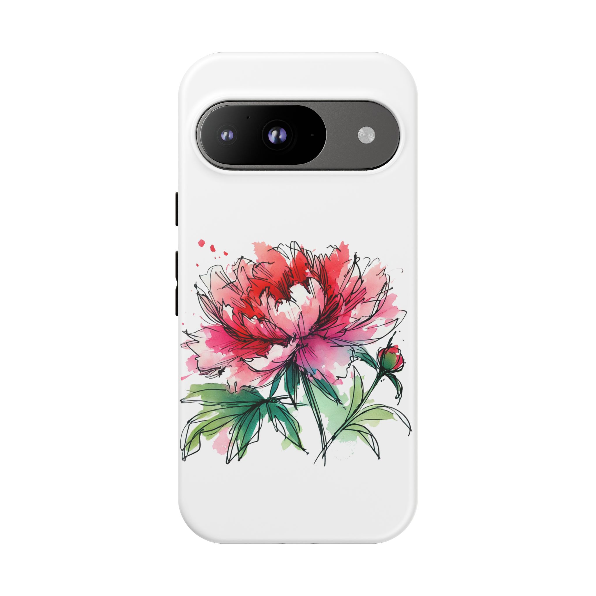 Illustration of a peony flower on a white phone case with vibrant colors.