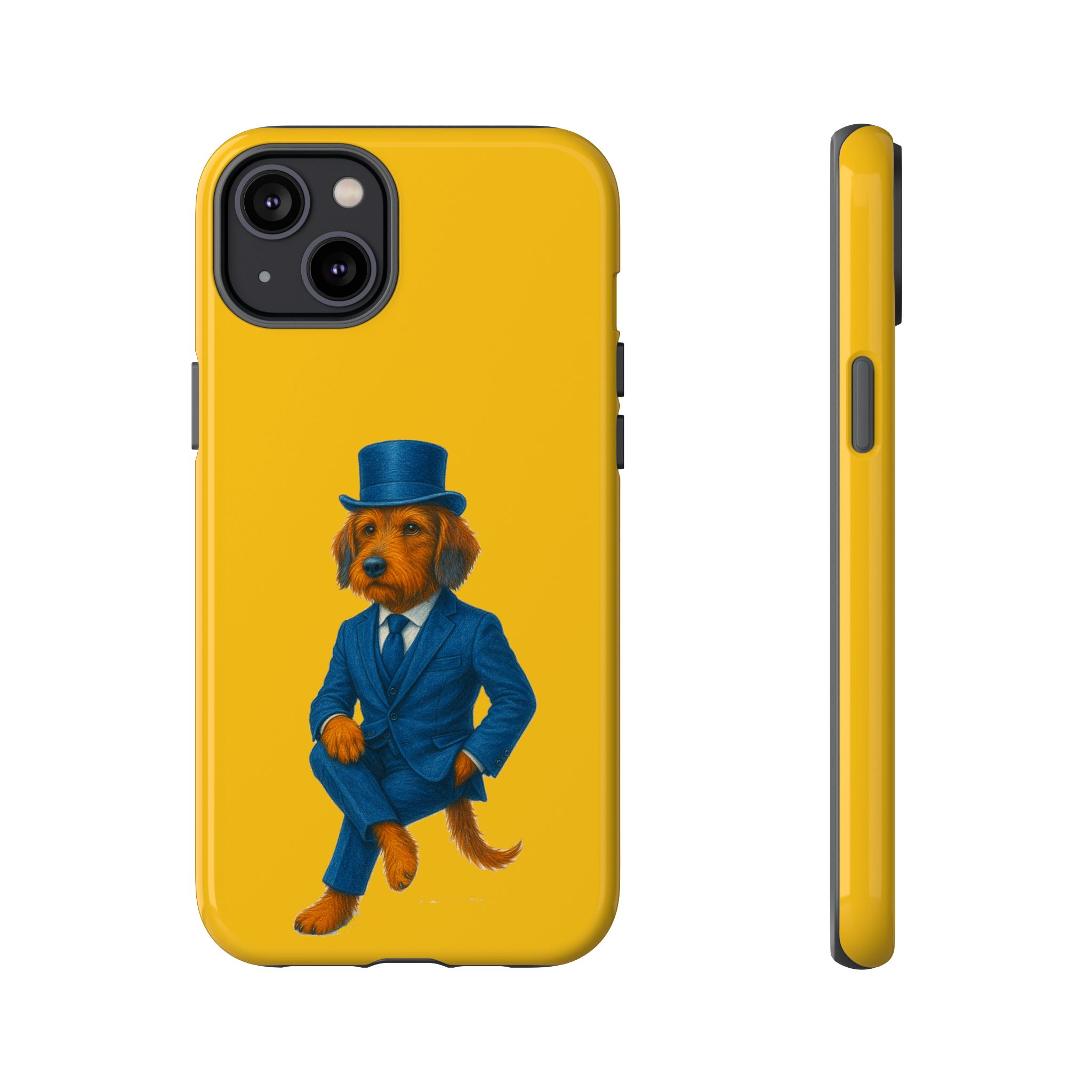 A phone case featuring a dog wearing a blue suit and a top hat against a yellow background.