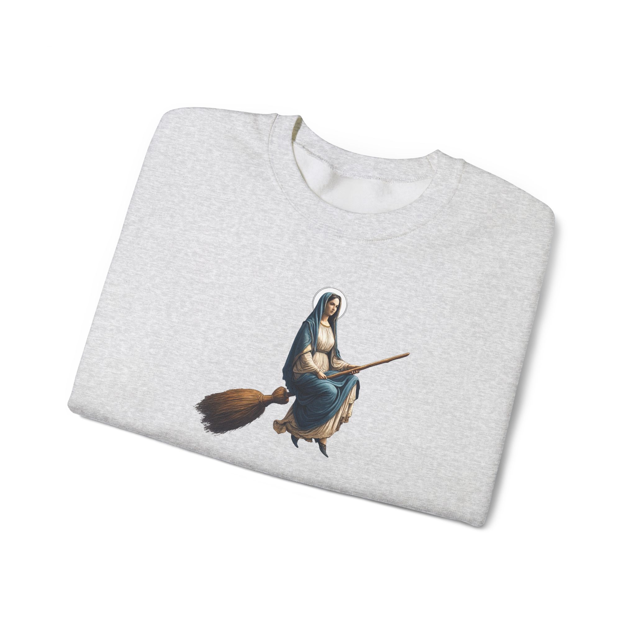 Satiric sweater Virgin Mary witch broom Funny sweatshirt religious print sarcastic print premium apparel unusual clothes - Image 2