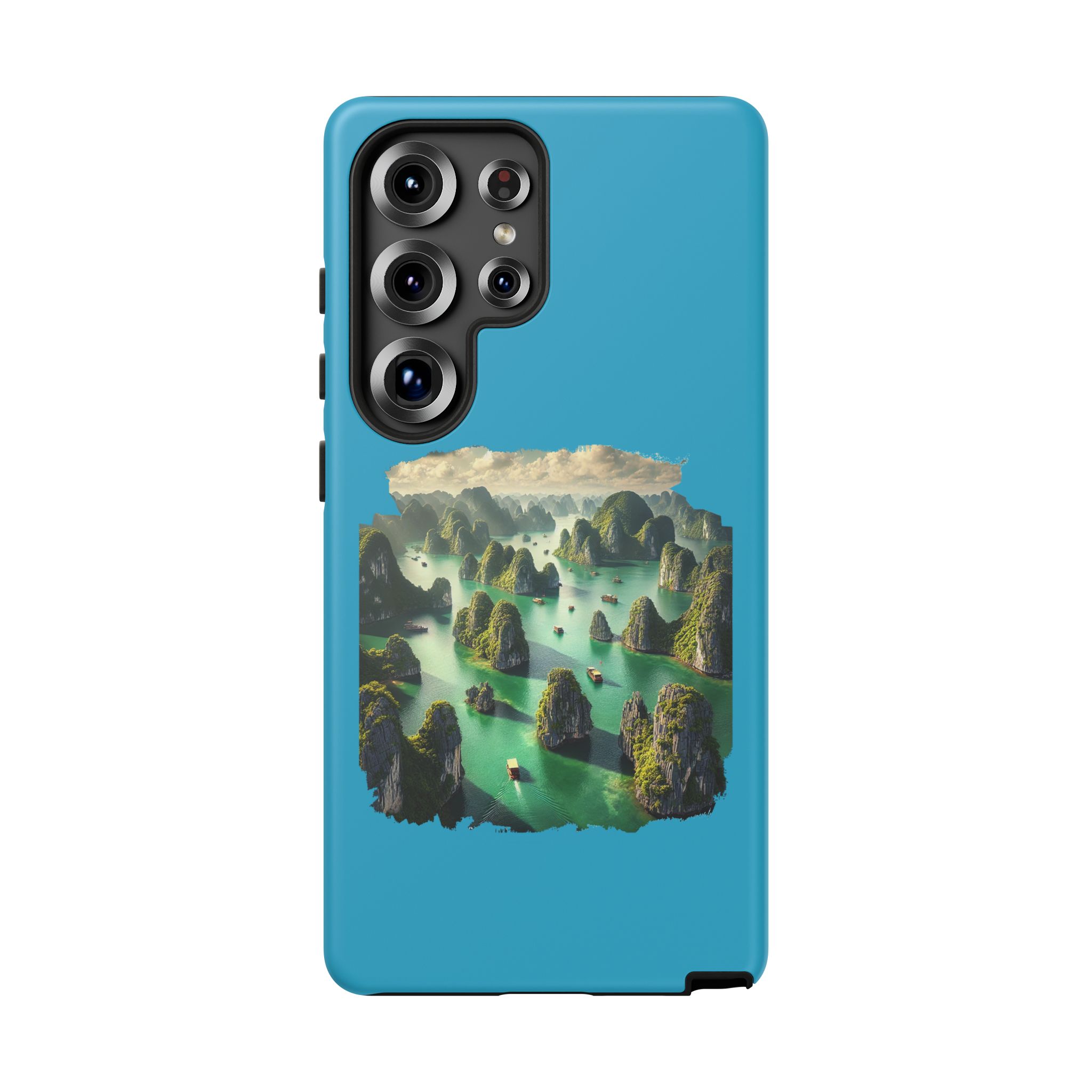 Phone case featuring a scenic landscape with mountains and water in a vibrant blue color.