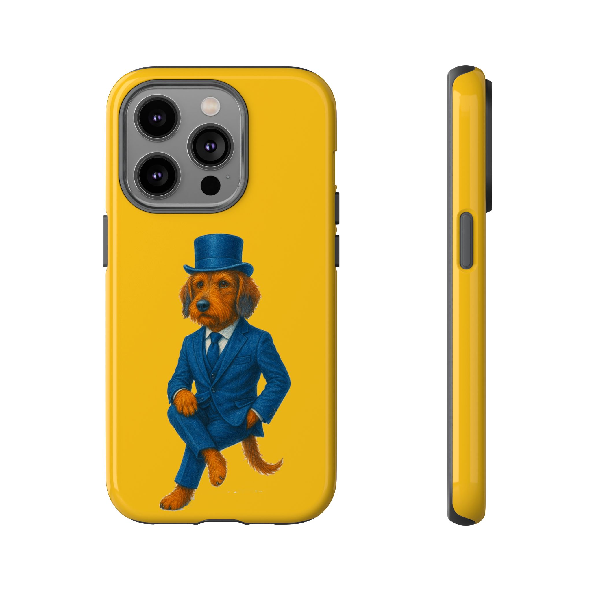 Phone case featuring a dog wearing a blue suit and a top hat against a yellow background.