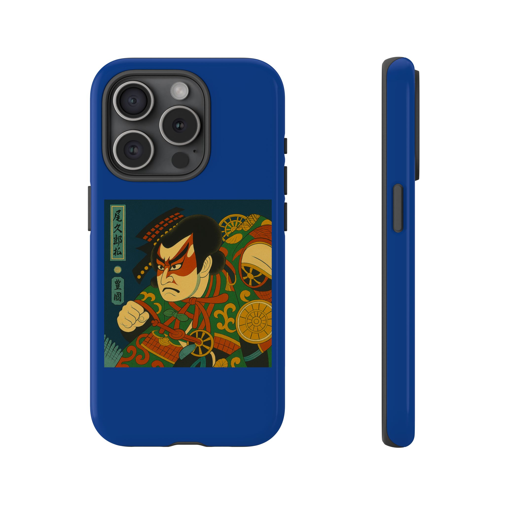Blue phone case featuring a traditional samurai illustration with intricate designs.