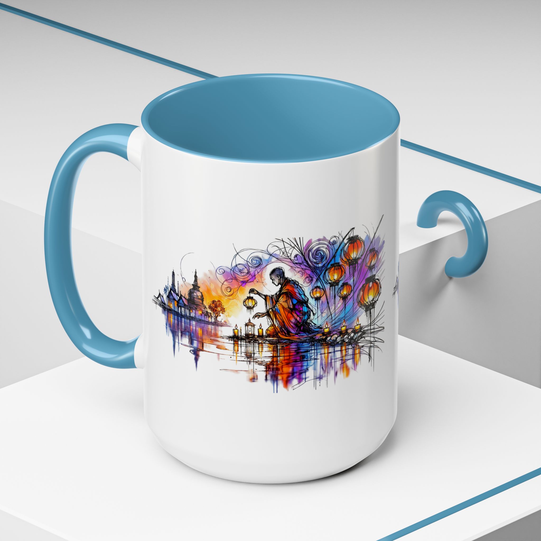 Artistic mug with a colorful design featuring a figure and lanterns against a reflective background.